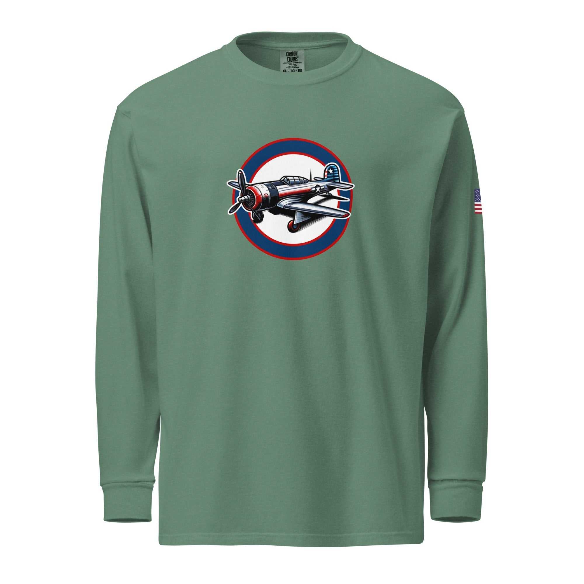 USA Plane 1 green unisex long sleeve shirt with vintage plane graphic and American flag patch on sleeve