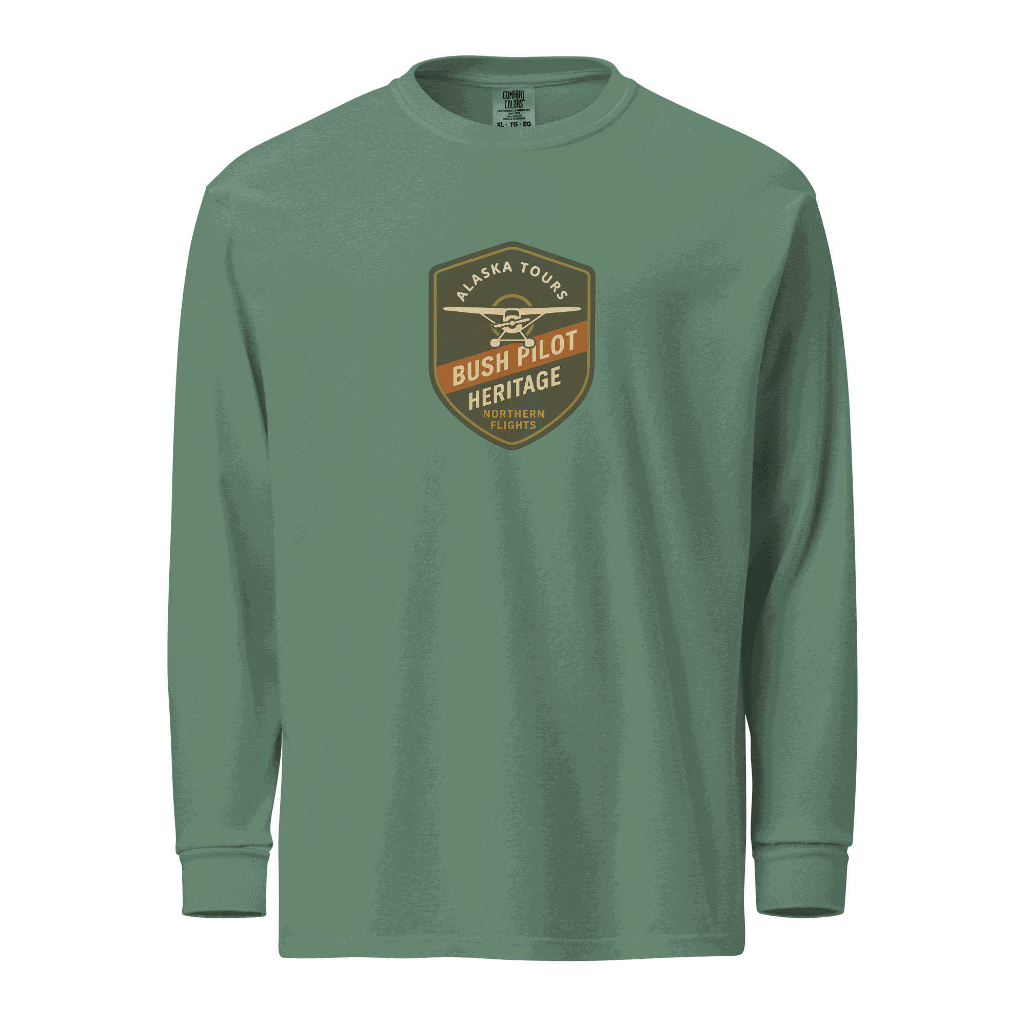 Green Aviation Bush Pilot long-sleeve shirt with heritage logo, unisex heavyweight cotton, relaxed fit, garment-dyed, pre-shrunk fabric.