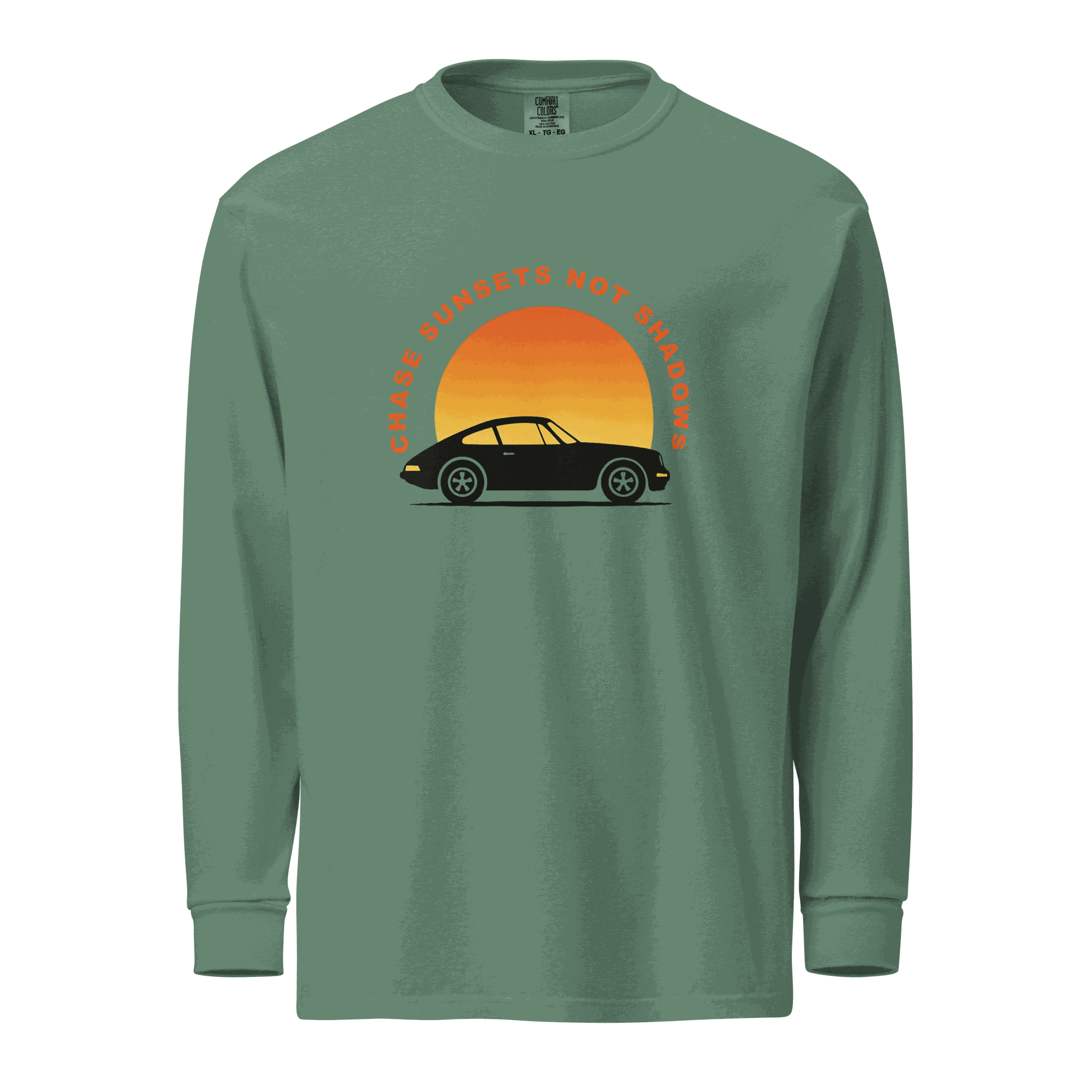 Green garment-dyed long sleeve shirt with vintage car and sunset graphic, heavyweight cotton, relaxed fit