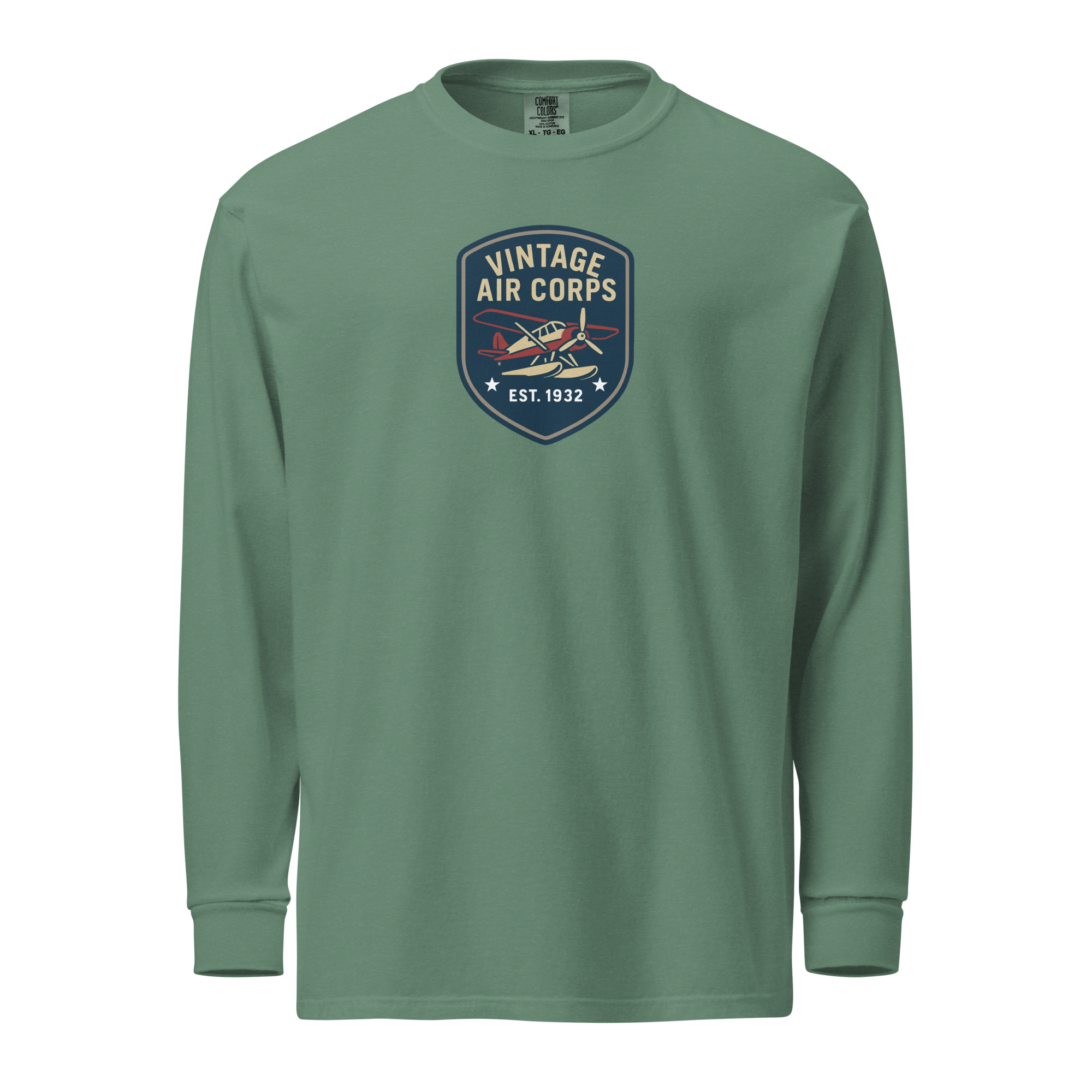Vintage Aviation Long Sleeve Shirt with retro airplane graphic and relaxed fit in soft green cotton