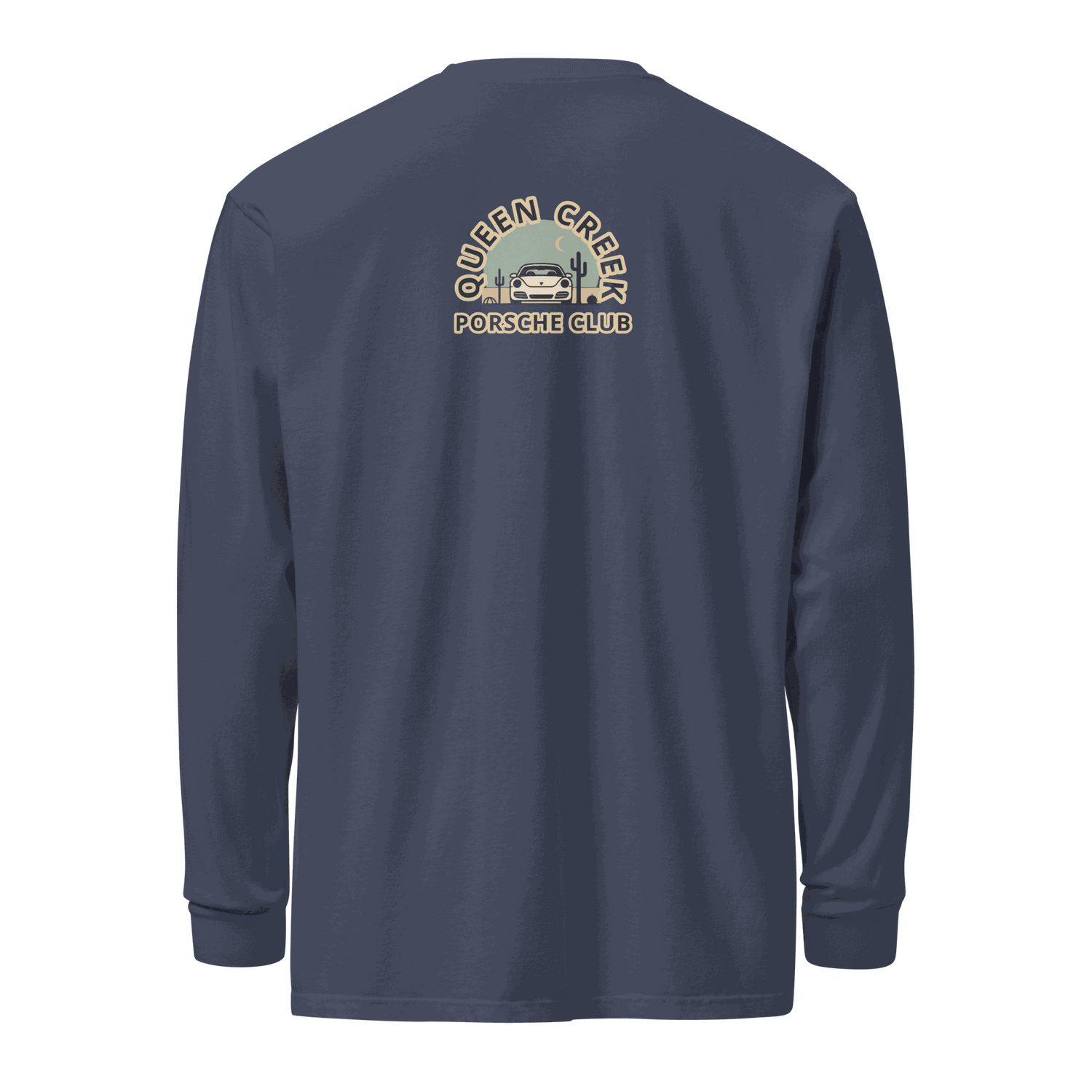 Queen Creek Porsche Club navy heavyweight long-sleeve shirt with logo on back