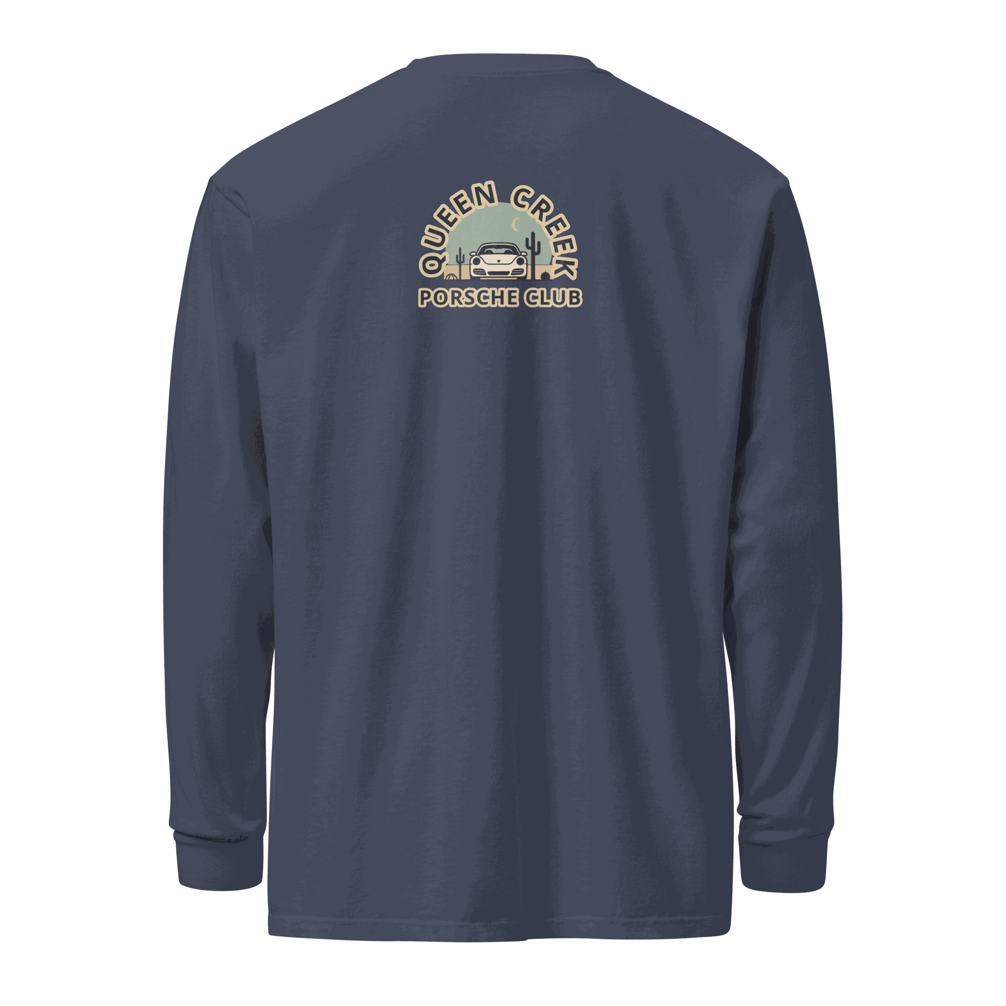 Queen Creek Porsche Club navy heavyweight long-sleeve shirt with logo on back