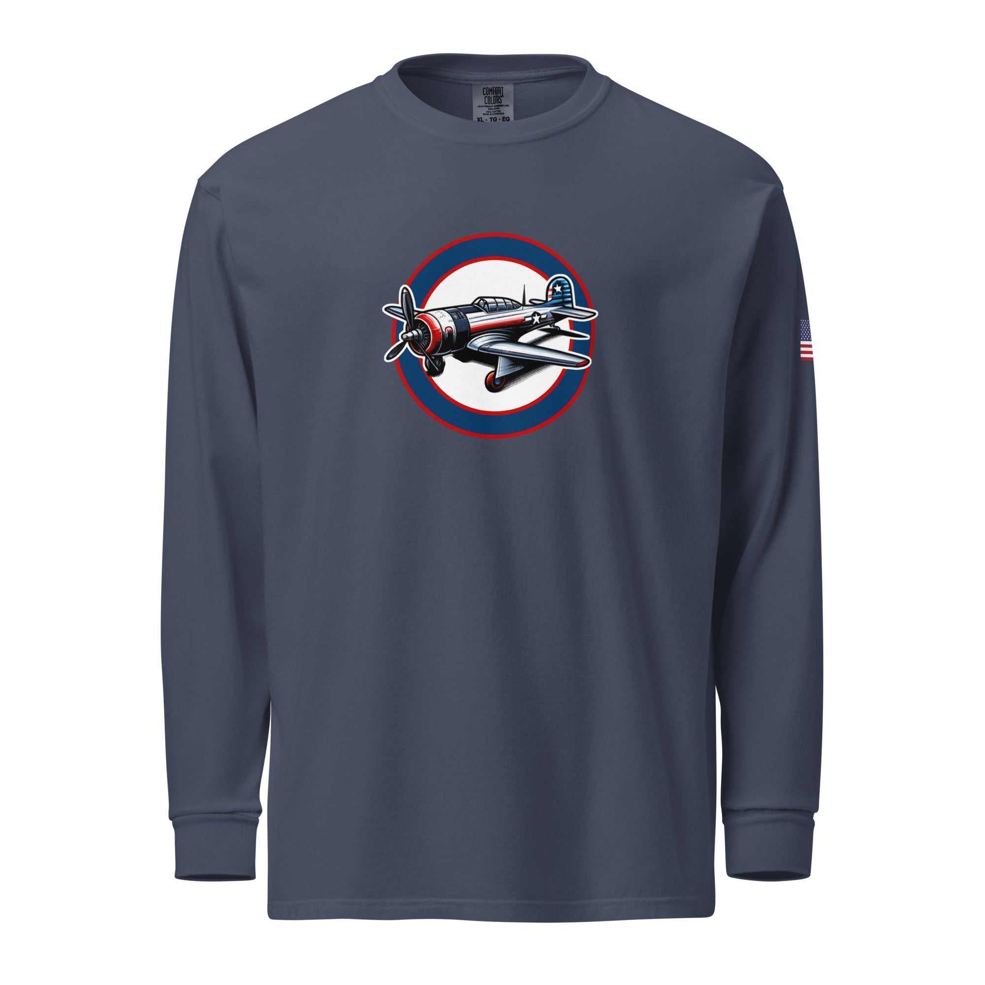 USA Plane 1 unisex navy long sleeve shirt with vintage airplane graphic and American flag on sleeve