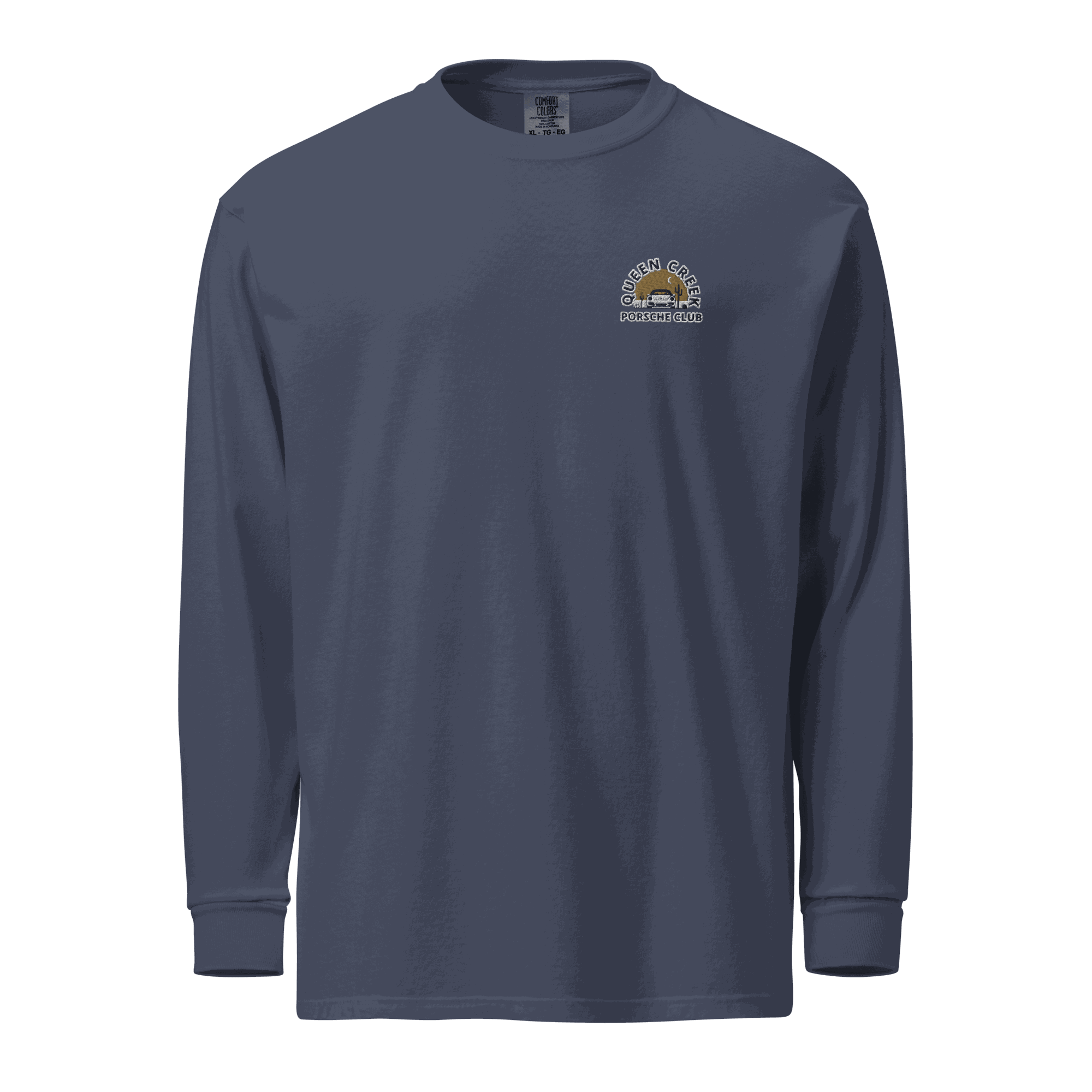Queen Creek Porsche Club heavyweight long-sleeve shirt in navy blue, 100% cotton, garment-dyed with relaxed fit and rib cuffs