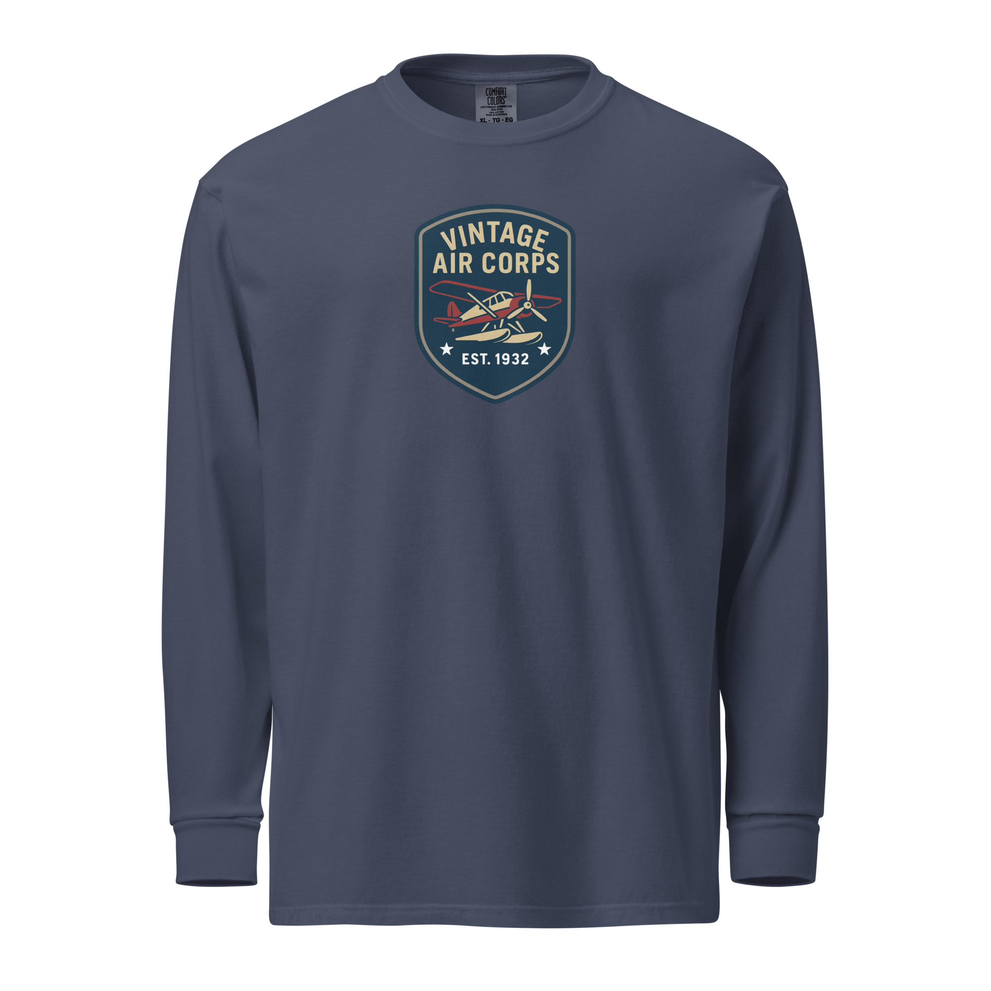Vintage Aviation Long Sleeve Shirt with retro pilot graphic on navy blue cotton tee