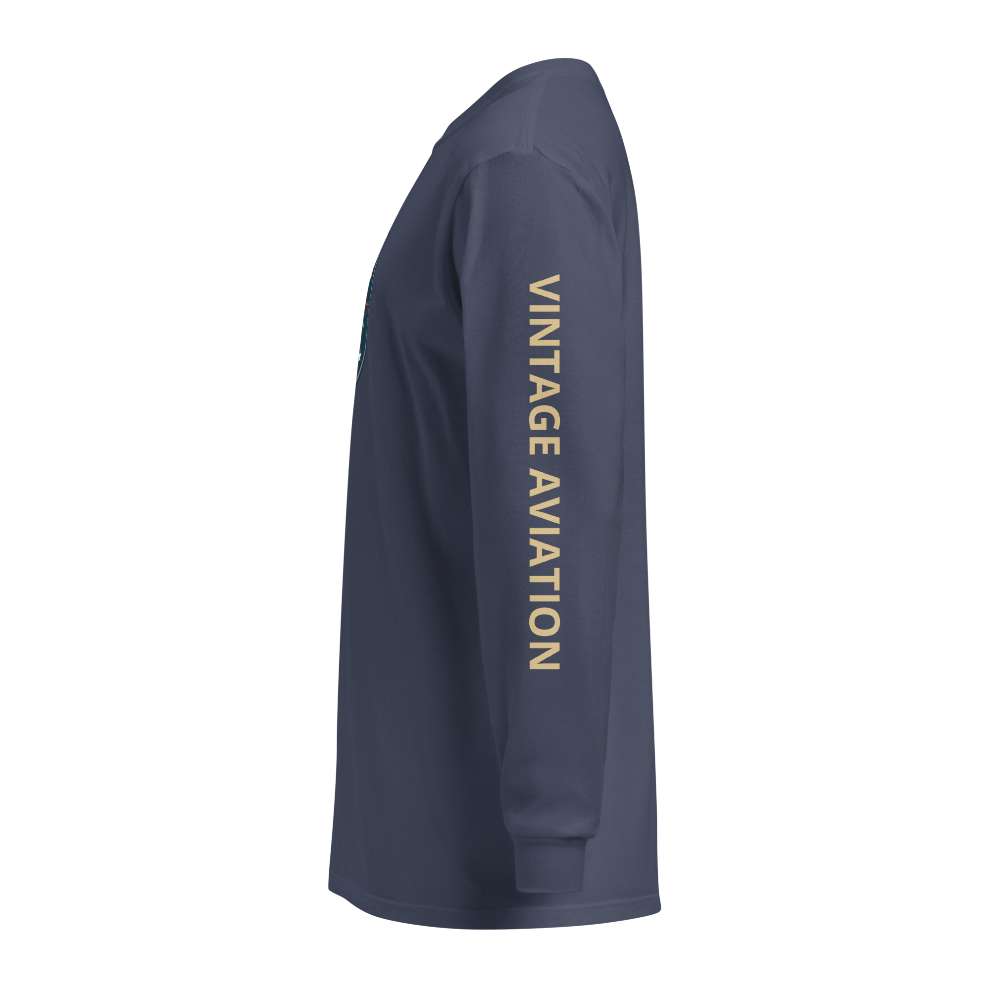 Navy vintage aviation long sleeve shirt with retro pilot graphic and "VINTAGE AVIATION" text on sleeve