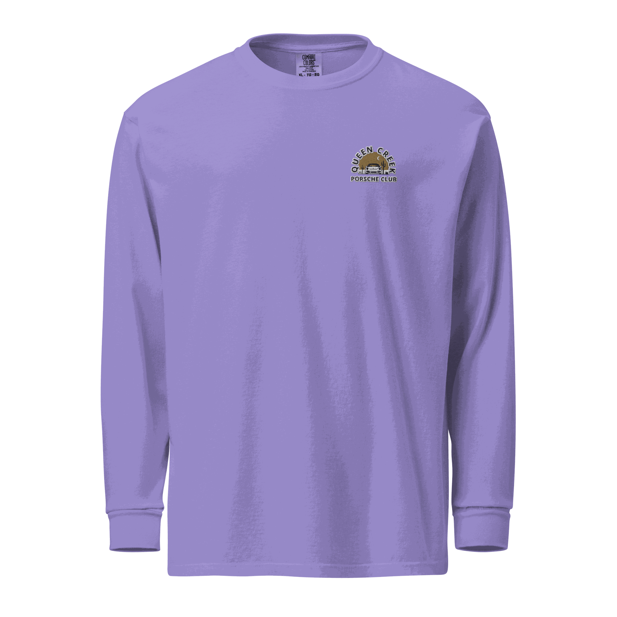 Queen Creek Porsche Club heavyweight long-sleeve purple shirt with logo, 100% cotton, relaxed fit, pre-shrunk and durable fabric