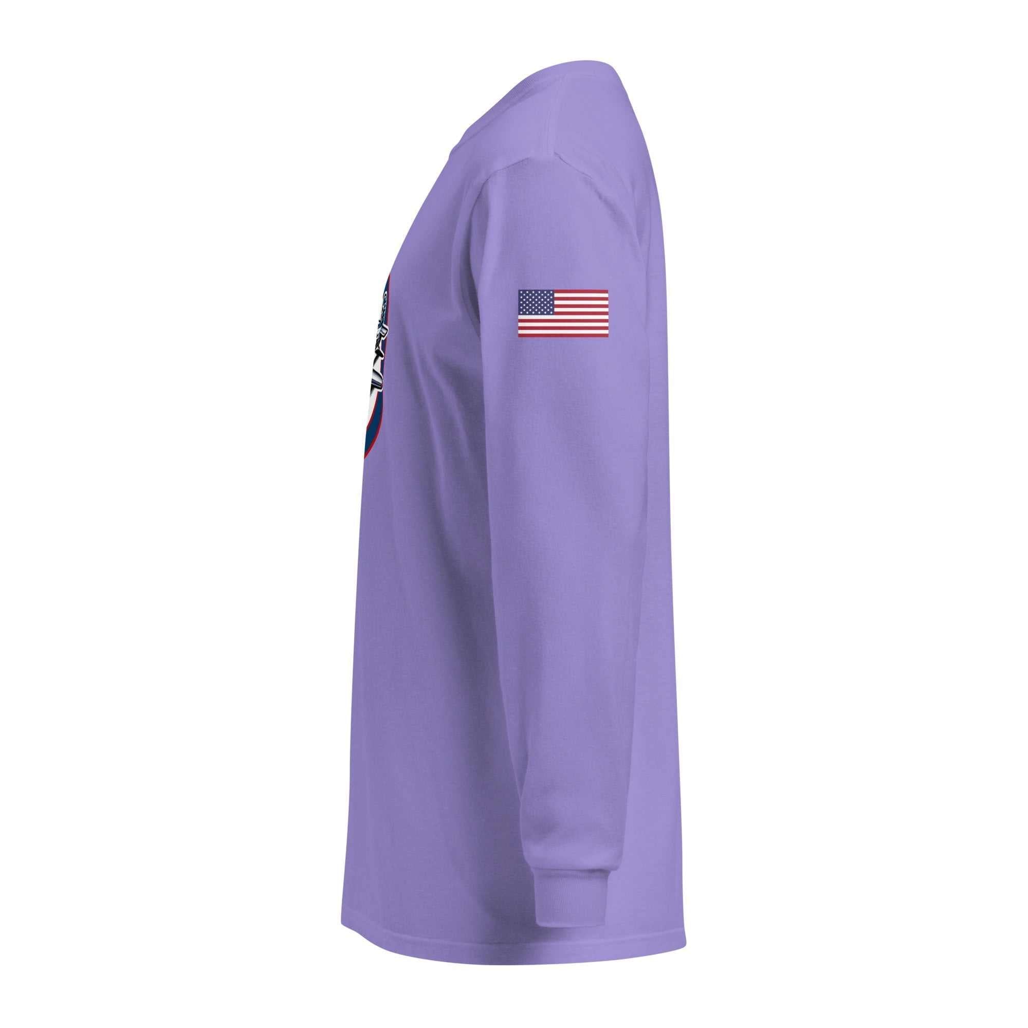 USA Plane 1 unisex garment-dyed purple long sleeve shirt with American flag patch on sleeve