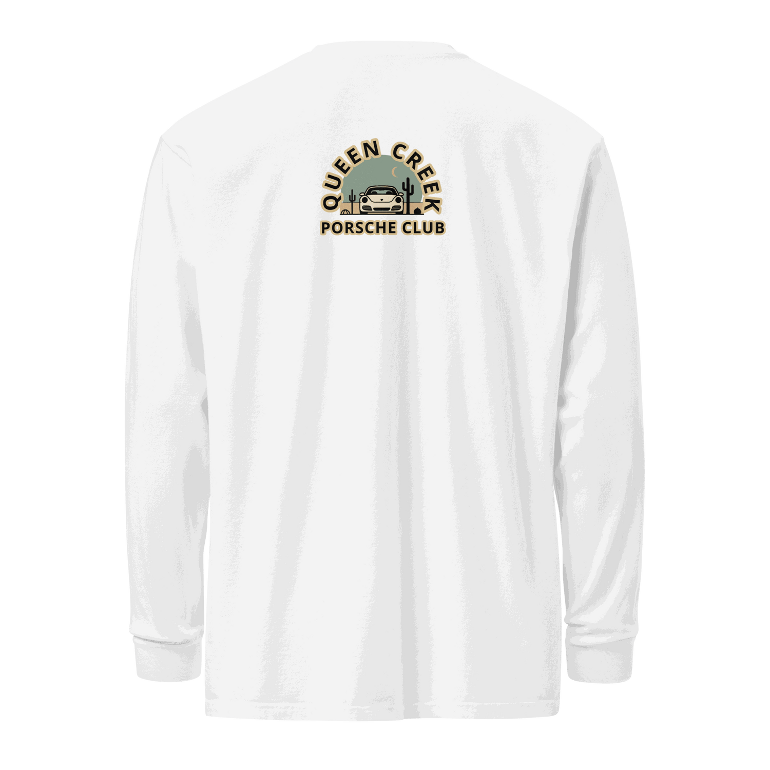 White heavyweight long-sleeve Queen Creek Porsche Club shirt with logo on back