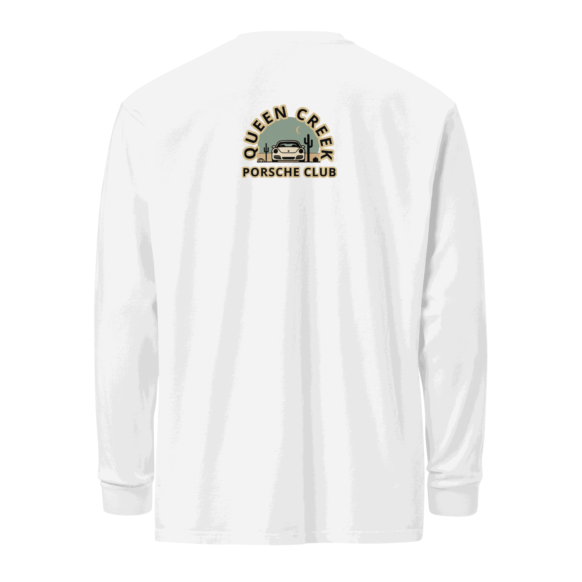 White heavyweight long-sleeve Queen Creek Porsche Club shirt with logo on back