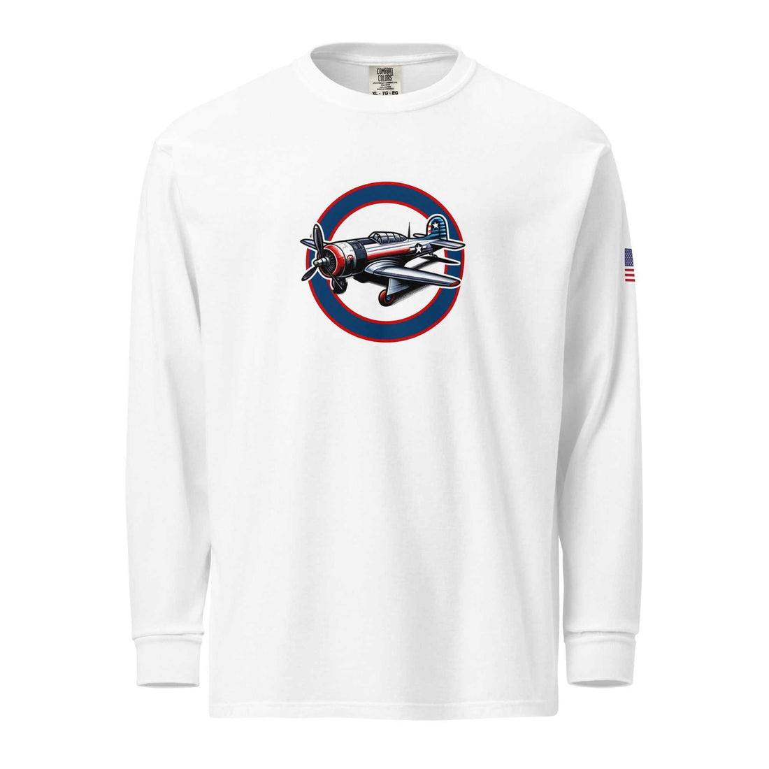 White USA Plane 1 unisex long sleeve shirt with vintage airplane graphic and American flag on sleeve