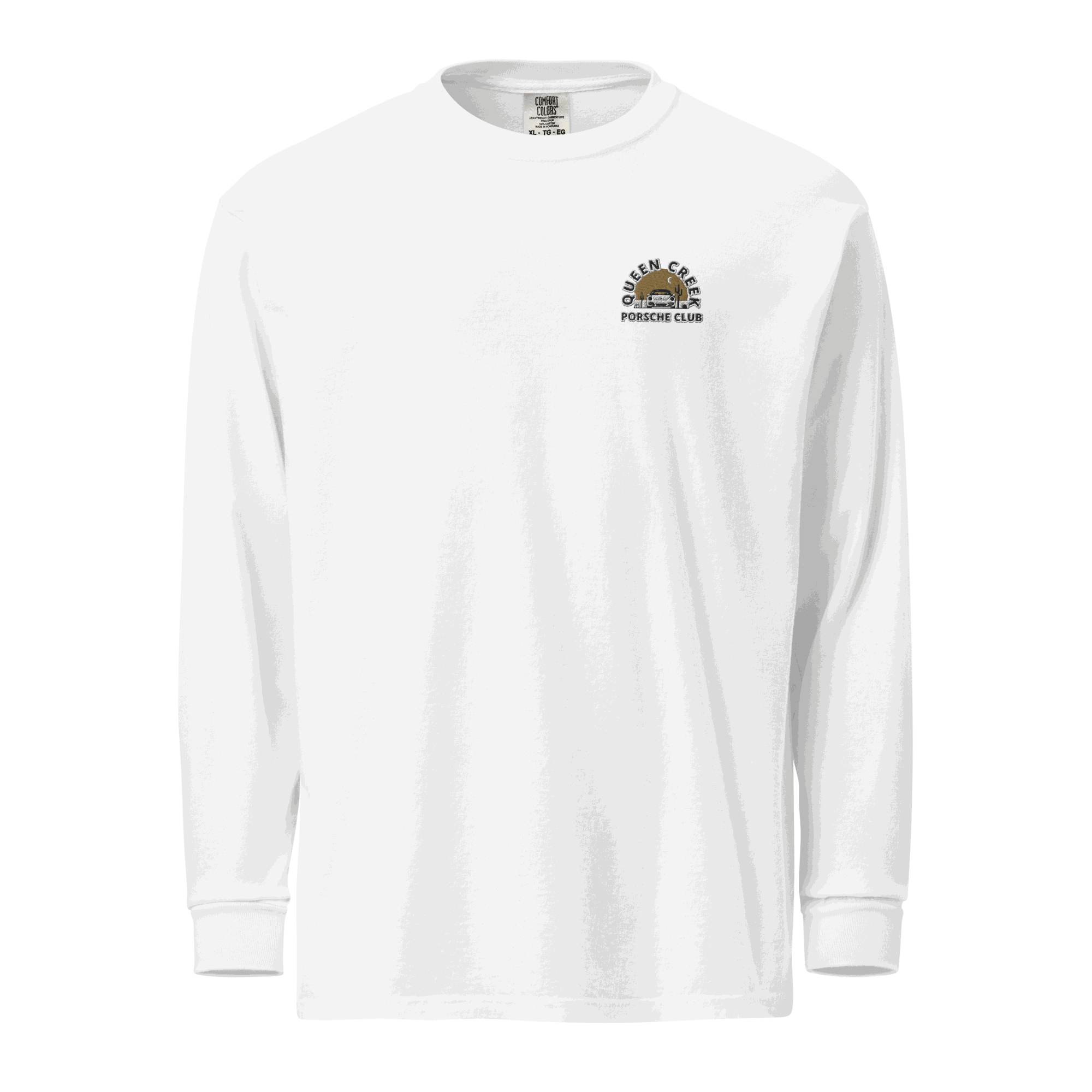Queen Creek Porsche Club white heavyweight long-sleeve shirt with logo, garment-dyed cotton, relaxed fit