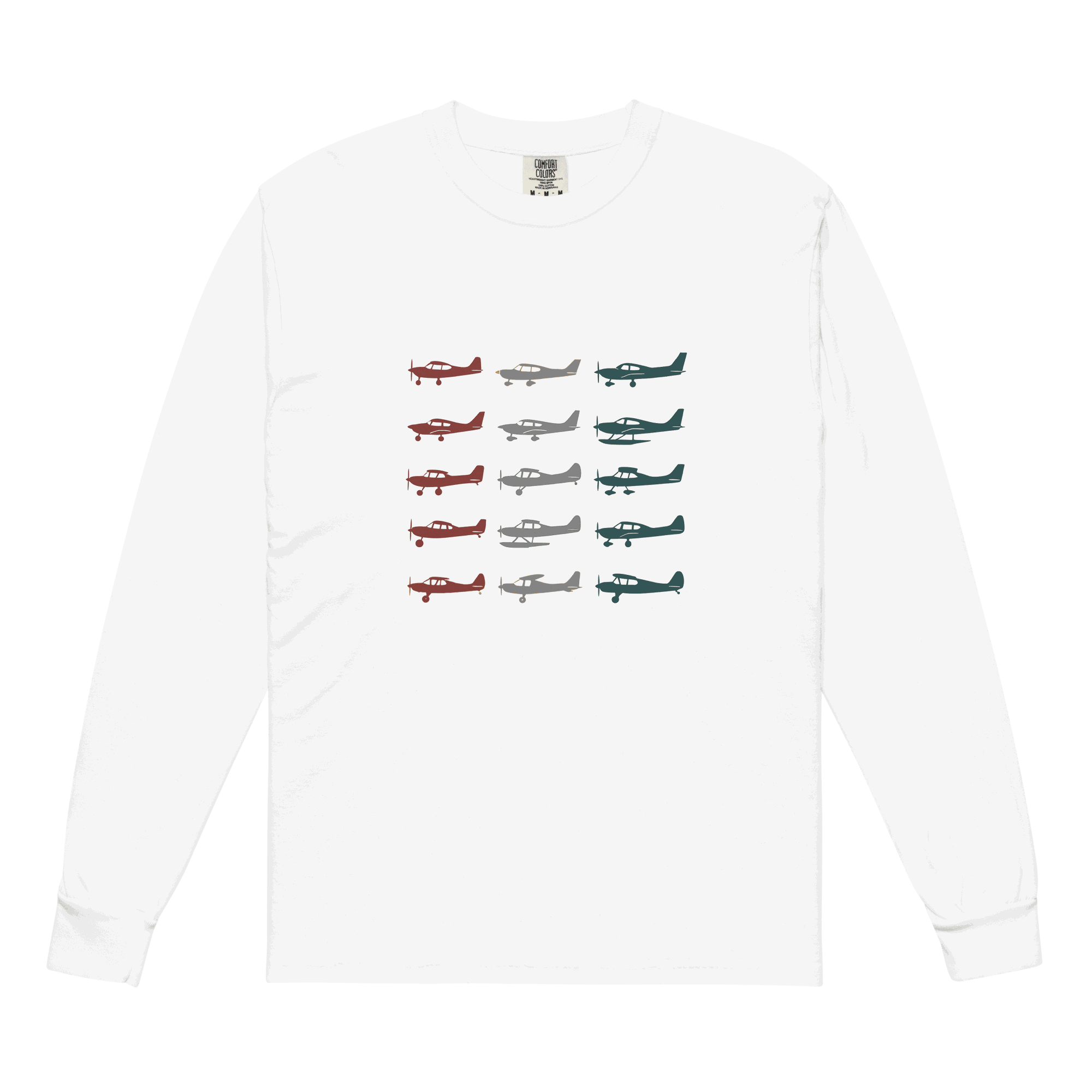 Unisex airplane long sleeve shirt in heavyweight garment-dyed cotton with vintage aviation design