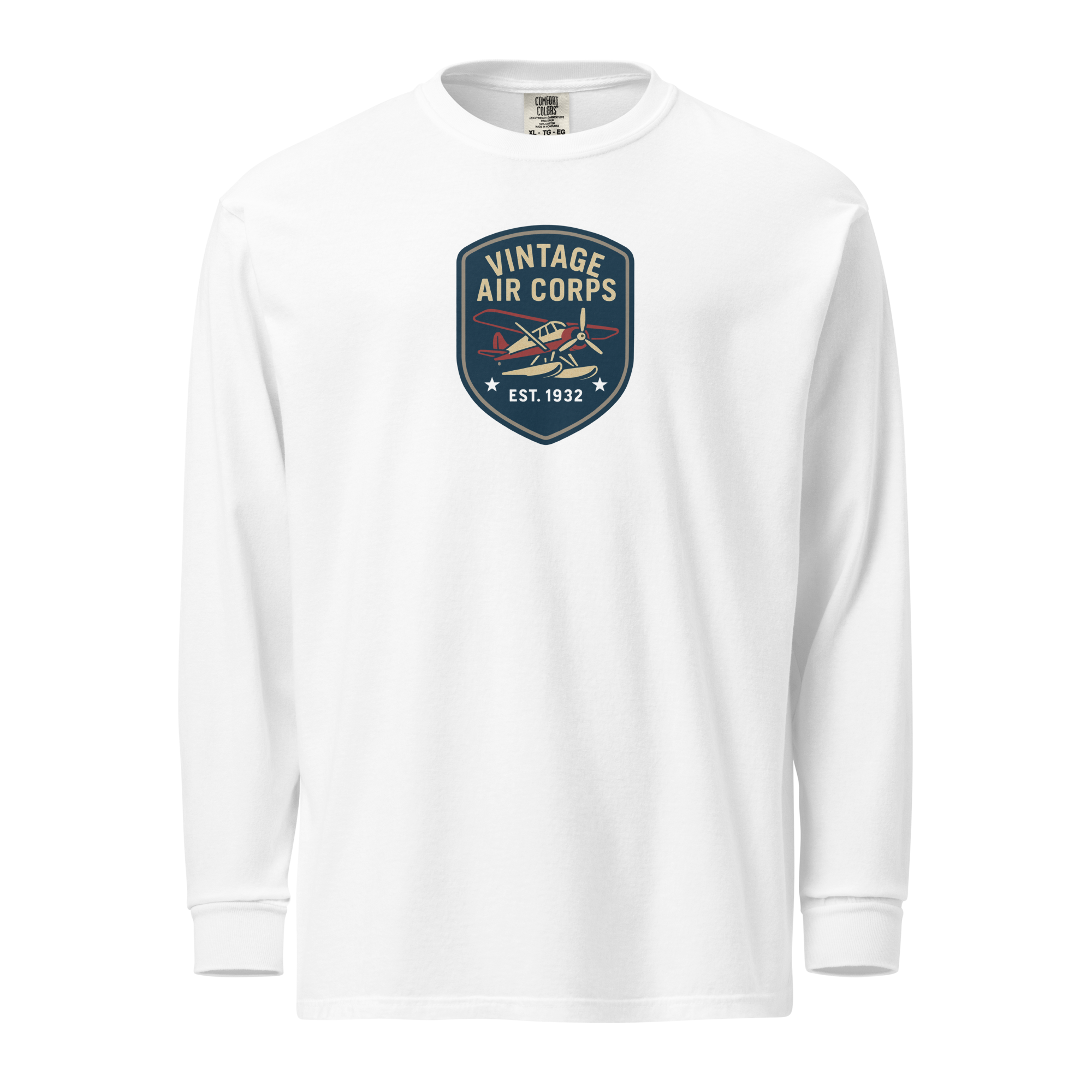 White vintage aviation long sleeve shirt with retro pilot graphic and "Vintage Air Corps" emblem on chest
