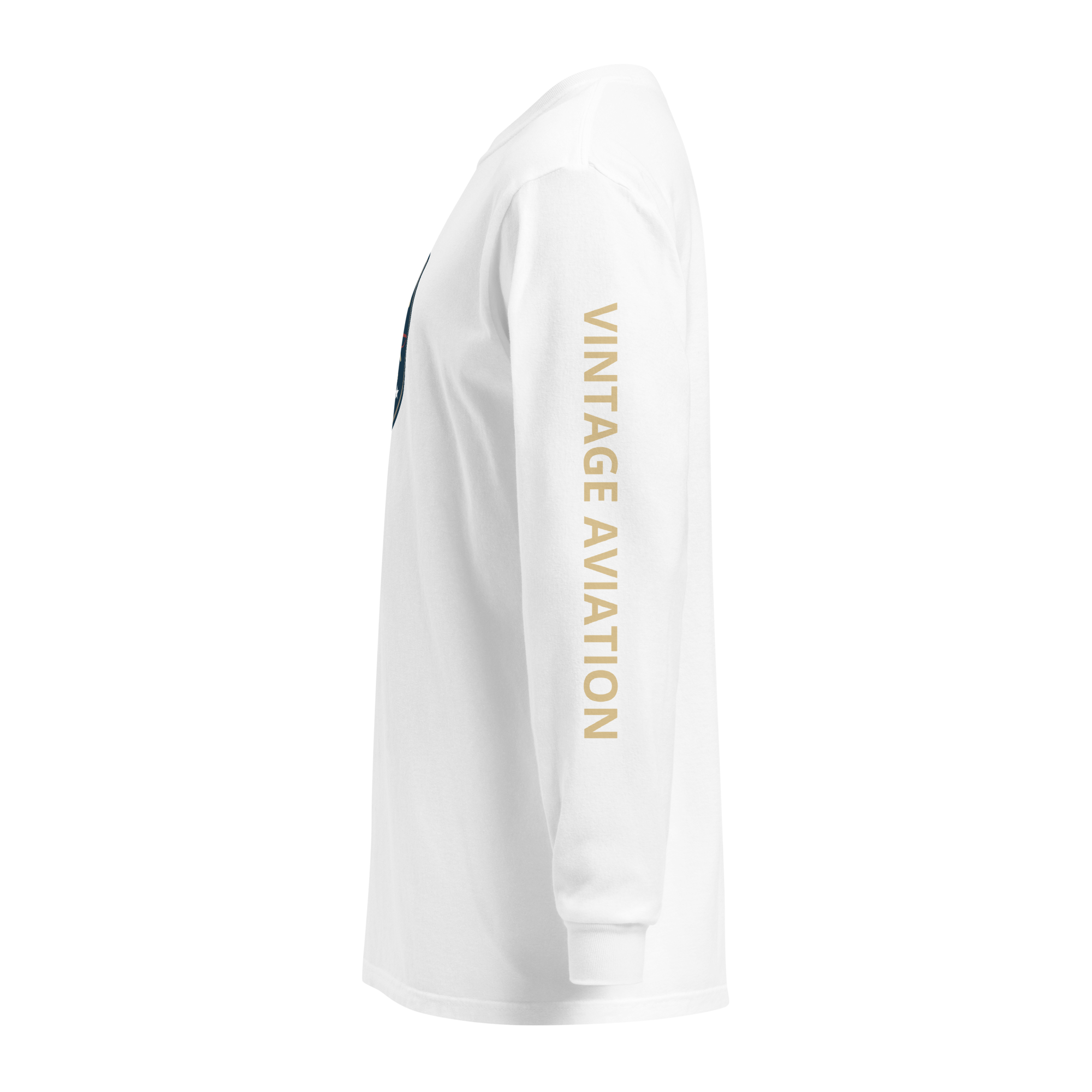 White vintage aviation long sleeve shirt with "VINTAGE AVIATION" text on sleeve, retro pilot graphic design.