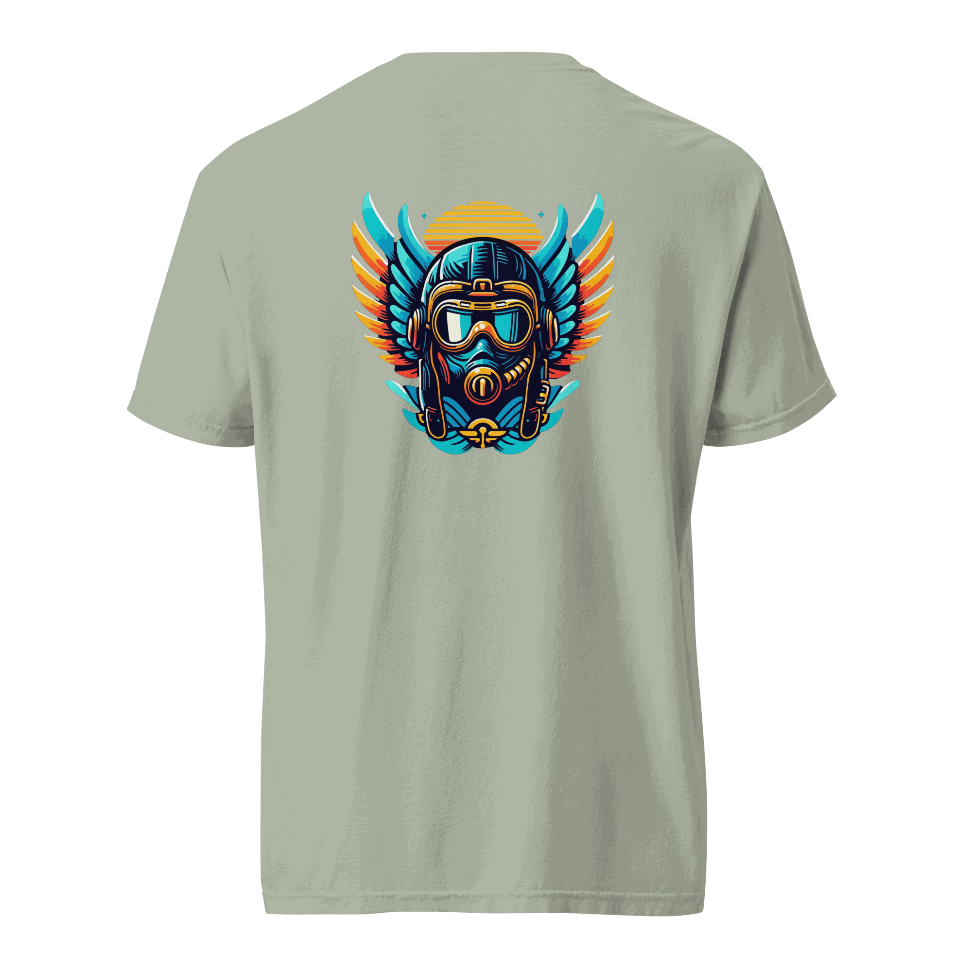 Flight Airplane Unisex heavyweight t-shirt with blue and orange flight helmet graphic on back, made of 100% ring-spun cotton