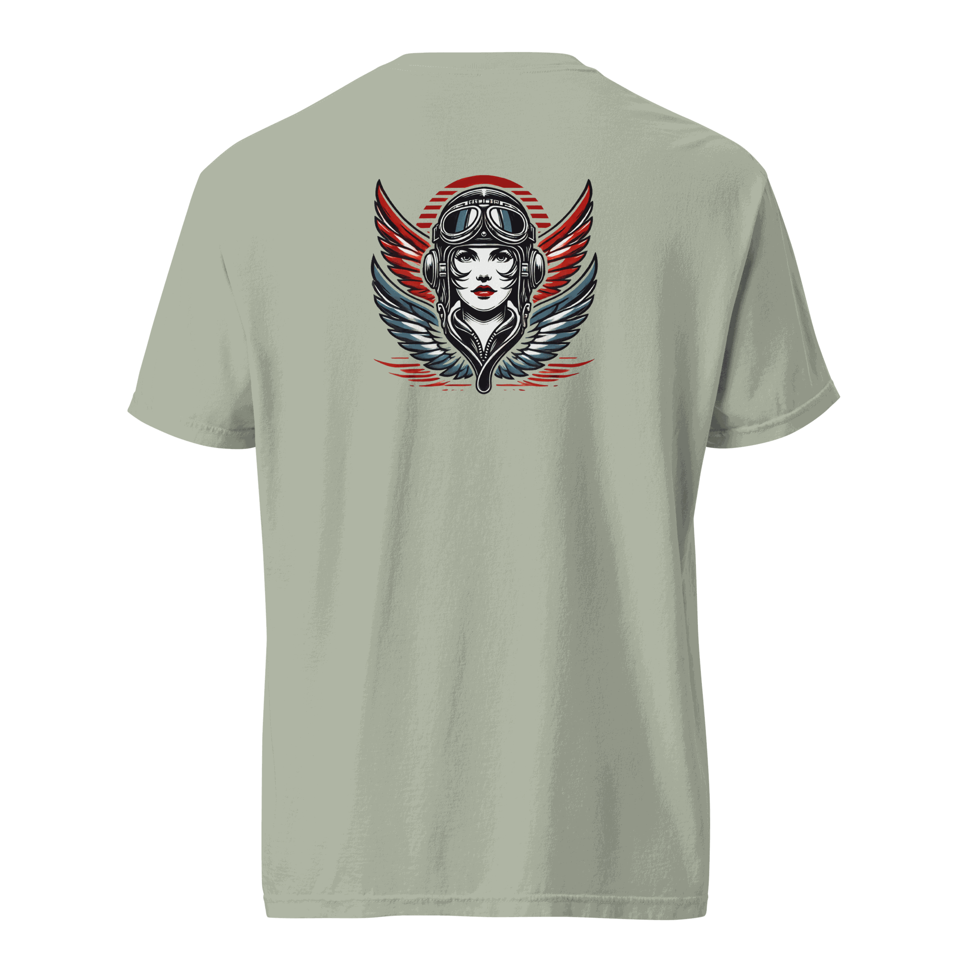 Close-up of a unisex heavyweight t-shirt featuring a female wings helmet design, made of 100% ring-spun cotton with relaxed fit and durable stitching.