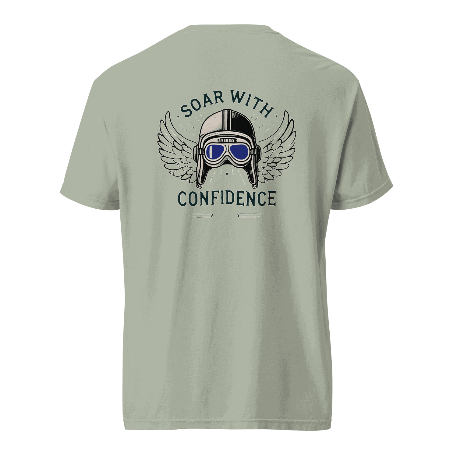 Back view of grey Flying Machine t-shirt with blue goggles and wings graphic and "Soar With Confidence" text