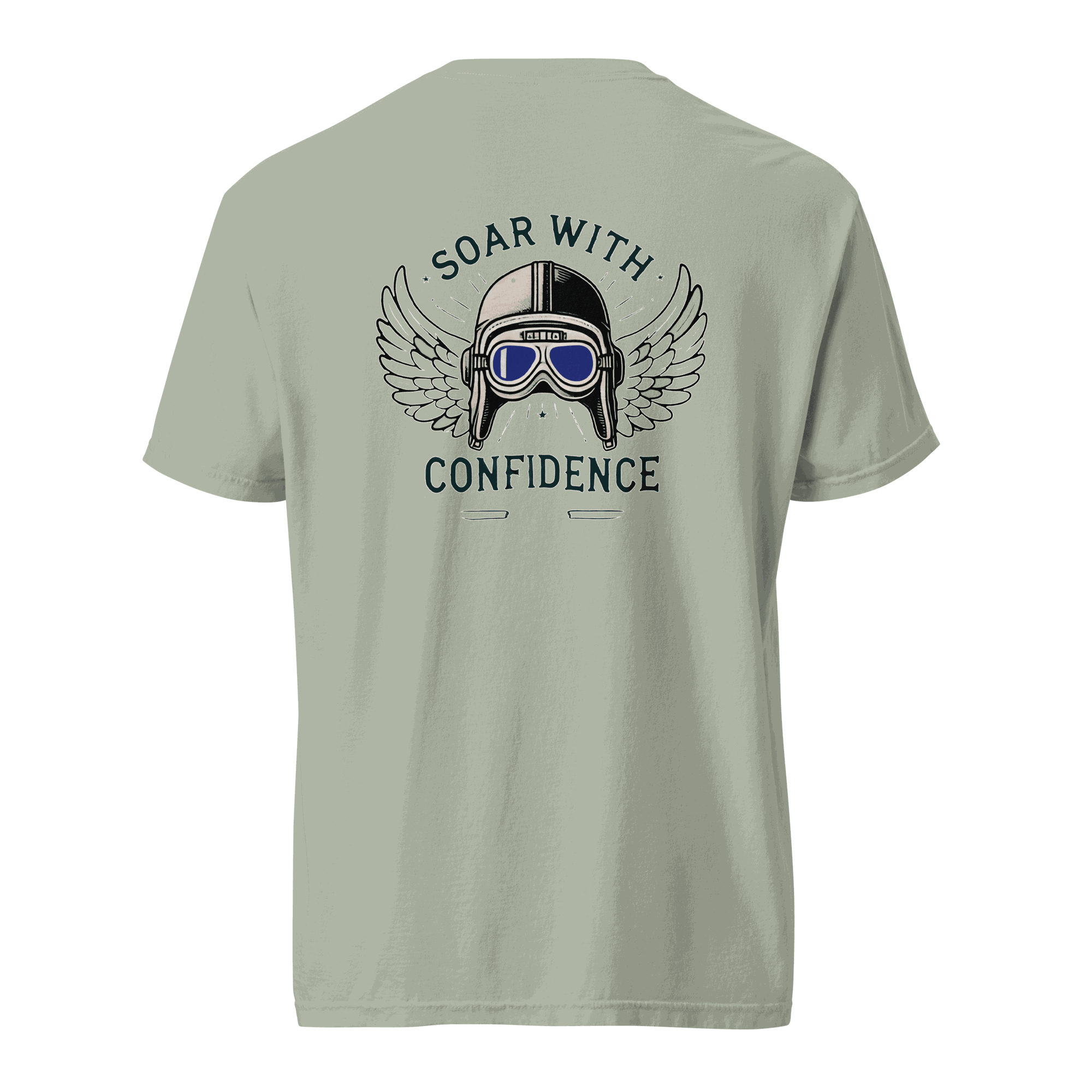 Flying machine t shirt with blue goggles and wing design on back, 100% cotton, relaxed fit