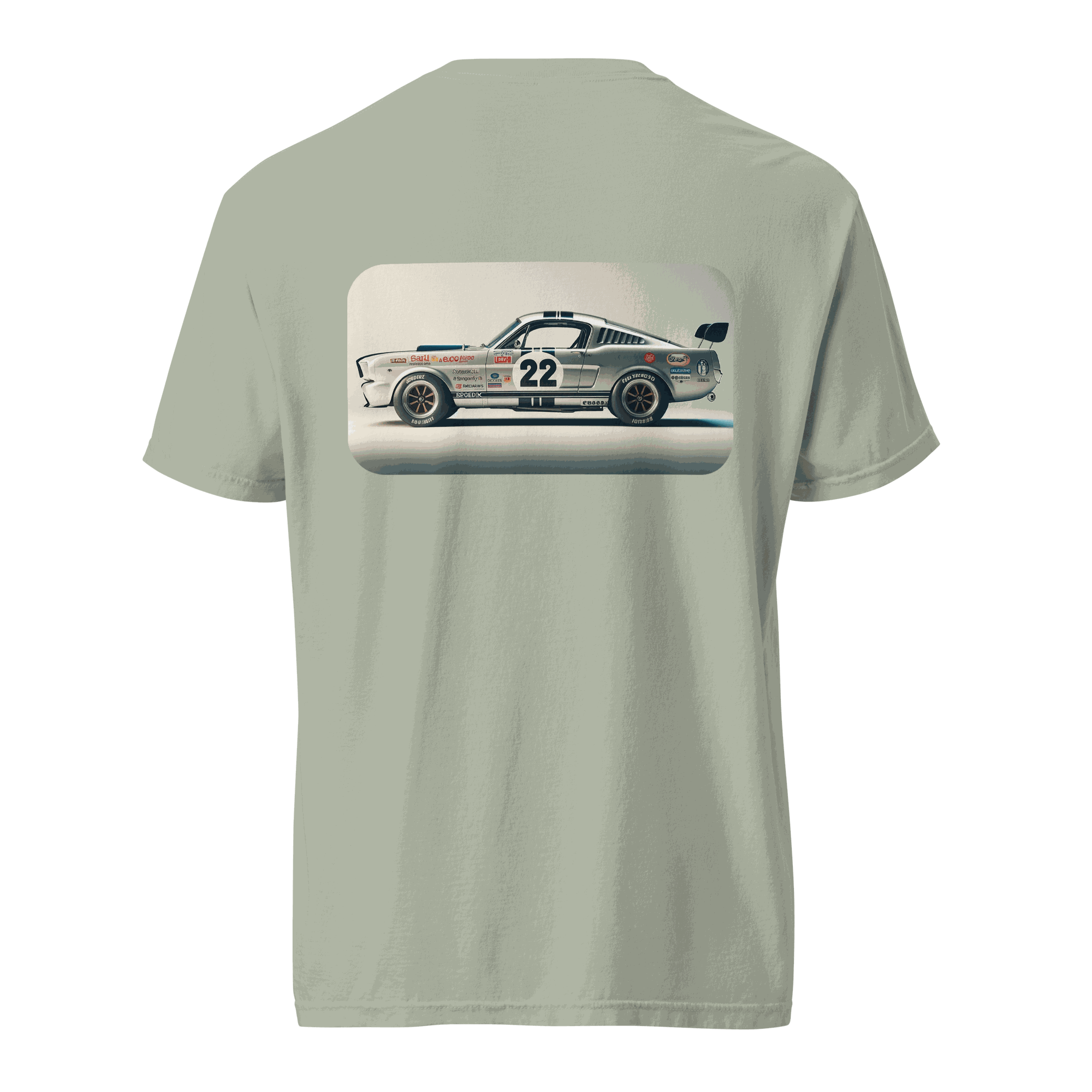 Heritage Mustang Back T-shirt featuring vintage race car graphic on soft, heavyweight cotton fabric