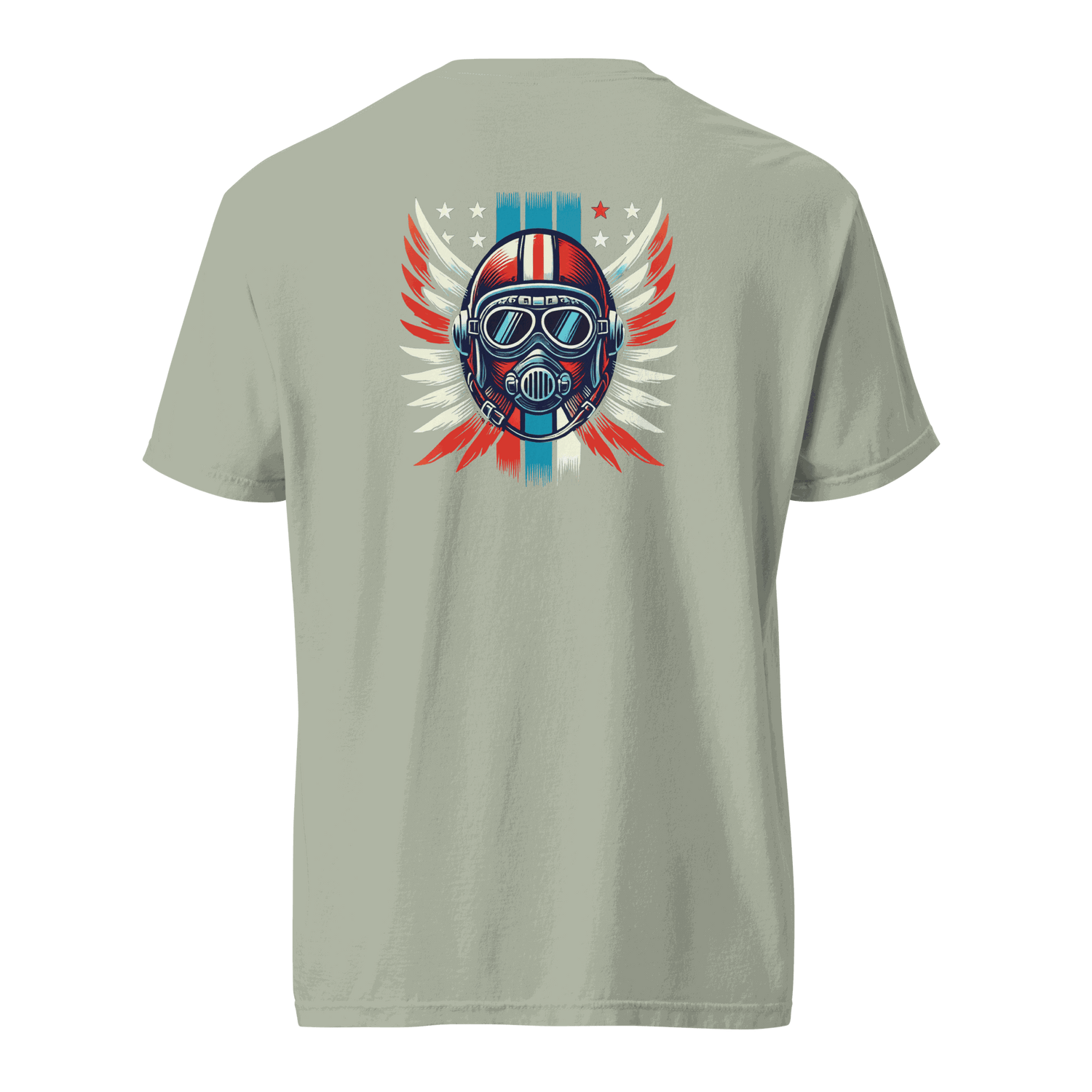 Unisex heavyweight tee with red white blue helmet graphic and winged design on back