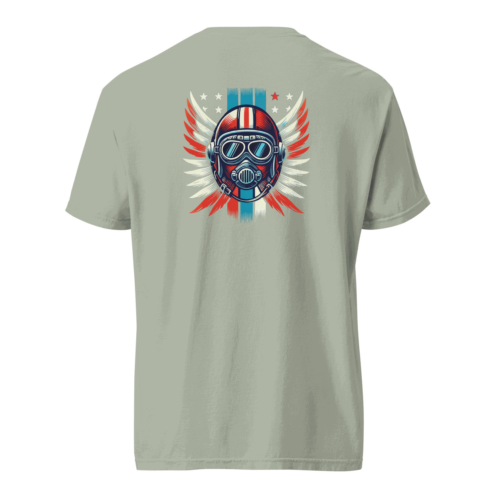 Unisex garment-dyed heavyweight t-shirt with red white blue helmet and wings graphic on back