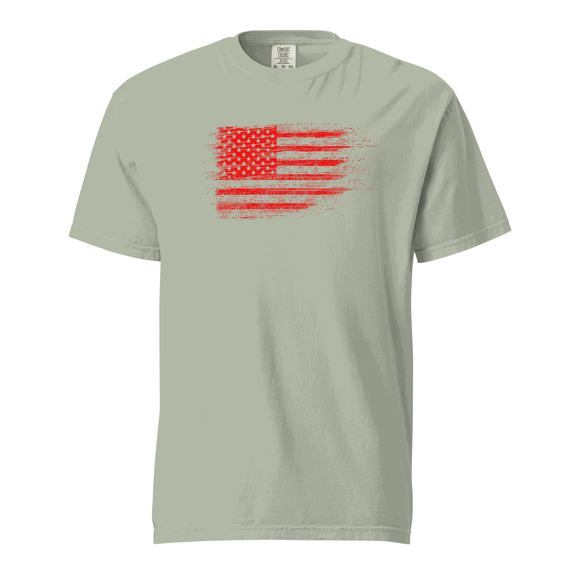 Unisex heavyweight t-shirt with distressed USA flag print on soft garment-dyed cotton