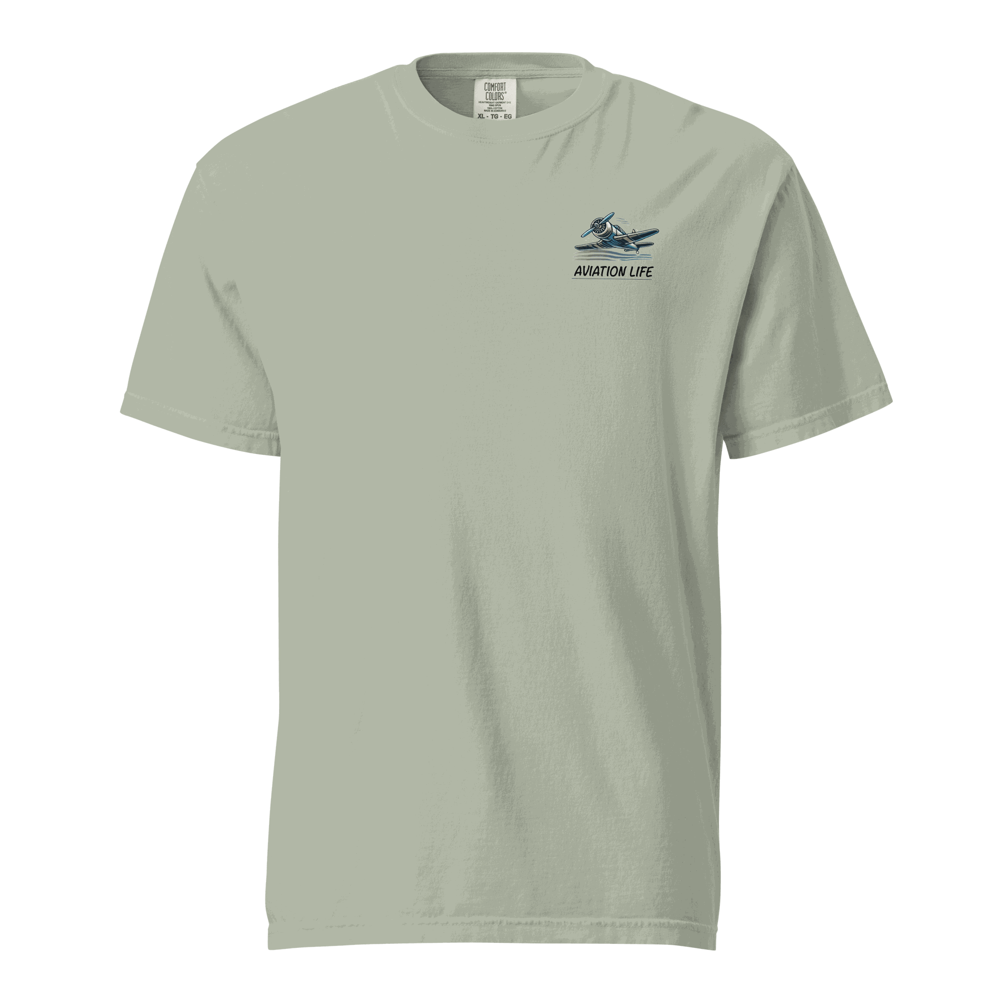 Flying machine t shirt in light green with small airplane and "Aviation Life" text on chest, 100% ring-spun cotton, breathable and heavyweight design