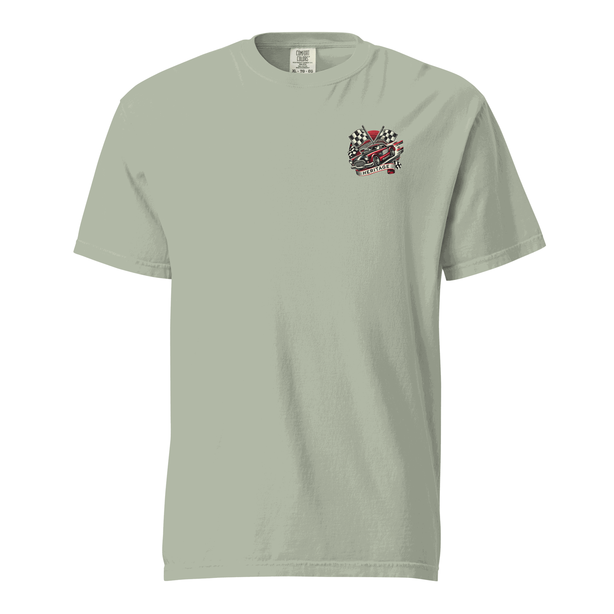 Heritage Mustang Back unisex heavyweight t-shirt in light green with small racing design on chest, 100% cotton, breathable and durable.