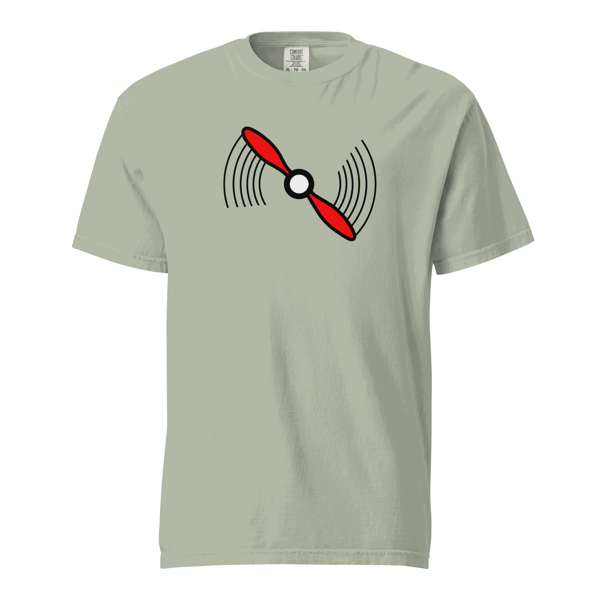 Unisex Propeller T-Shirt t-shirt featuring a red airplane propeller graphic on a soft, heavyweight garment-dyed cotton tee