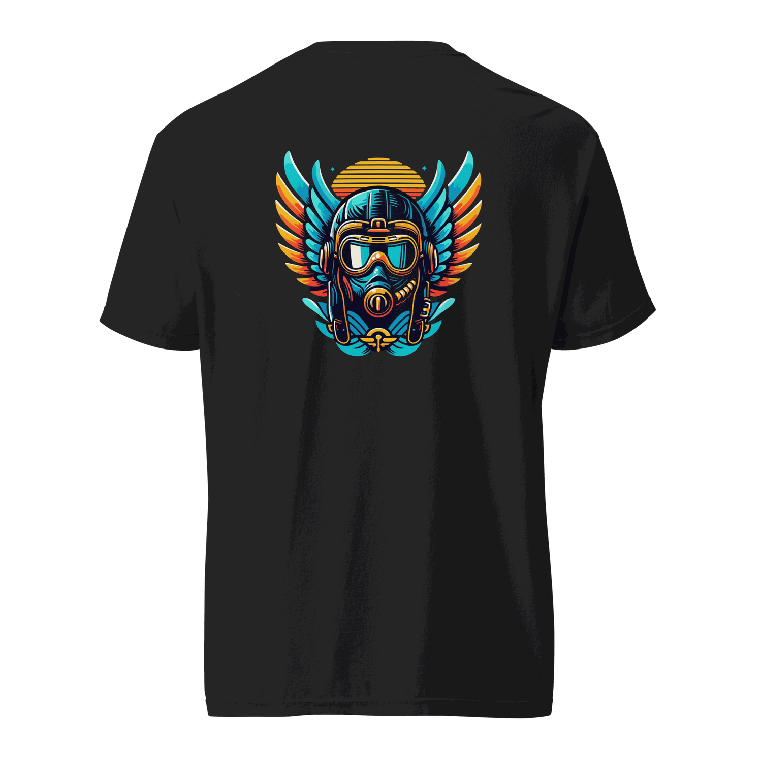 Black t-shirt with blue and orange flight helmet graphic design on the back