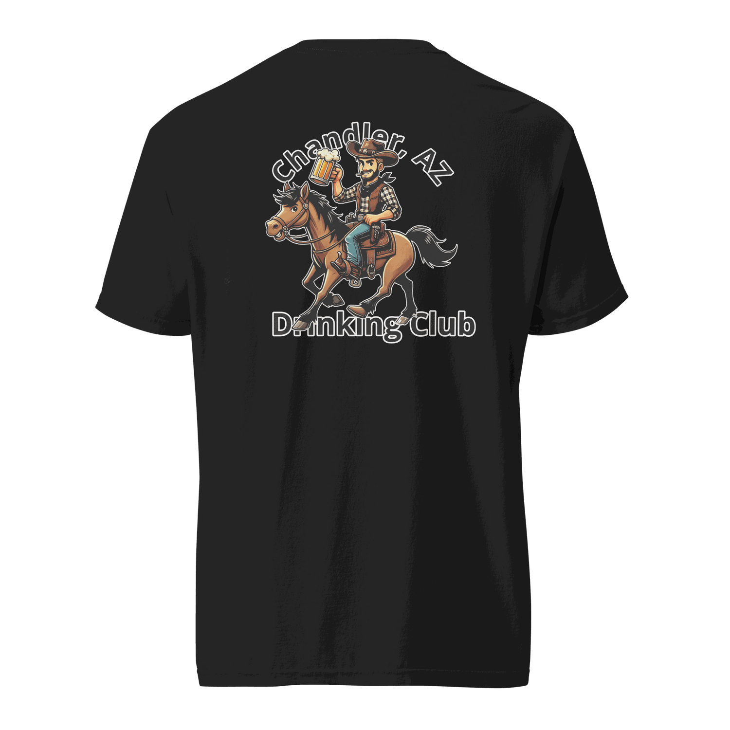 Black heavyweight t-shirt with Custom City Cowboy Horse Beer design featuring a cowboy on a horse holding beer and "Chandler AZ Drinking Club" text