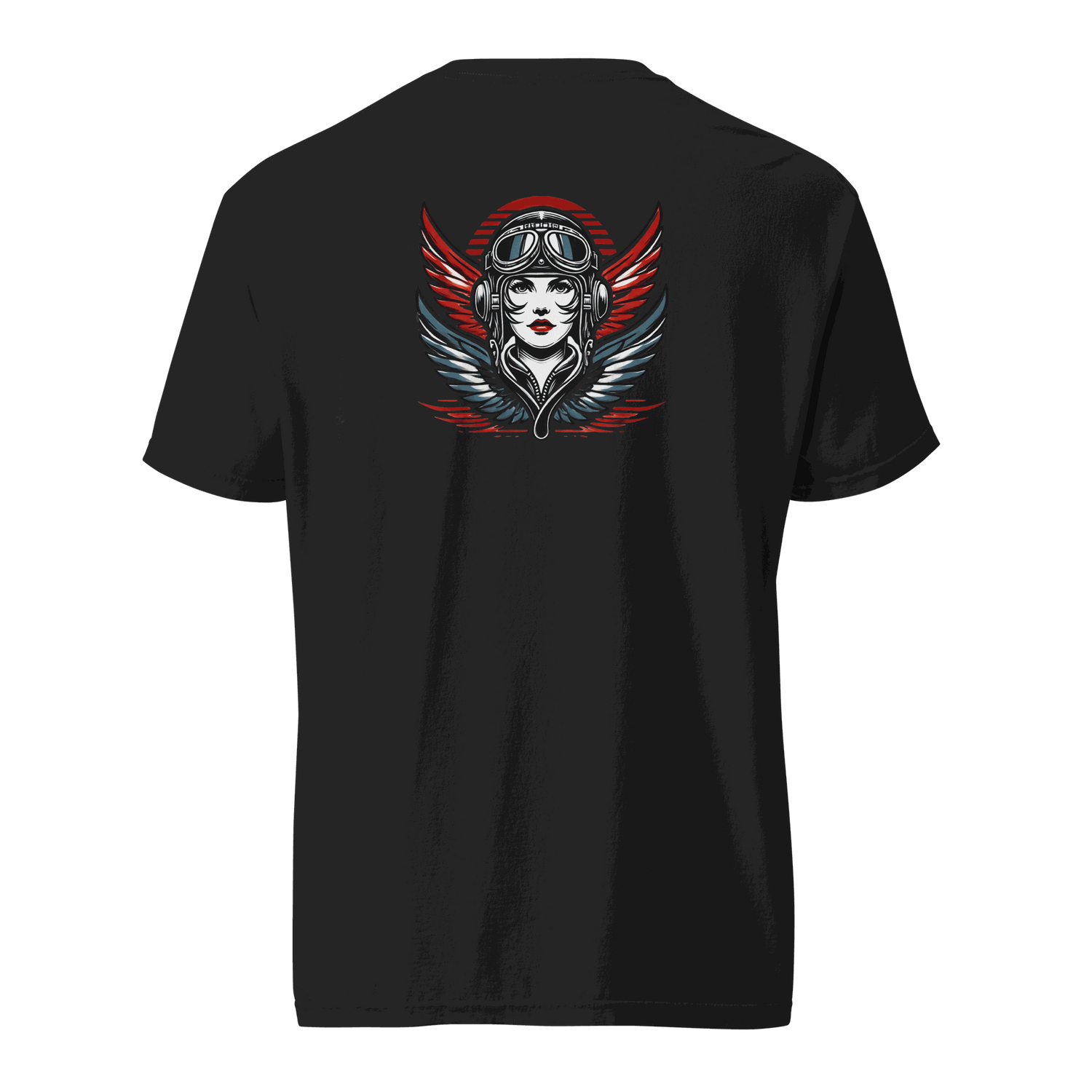 Black unisex t-shirt with female wings helmet graphic on back, made of 100% ring-spun cotton