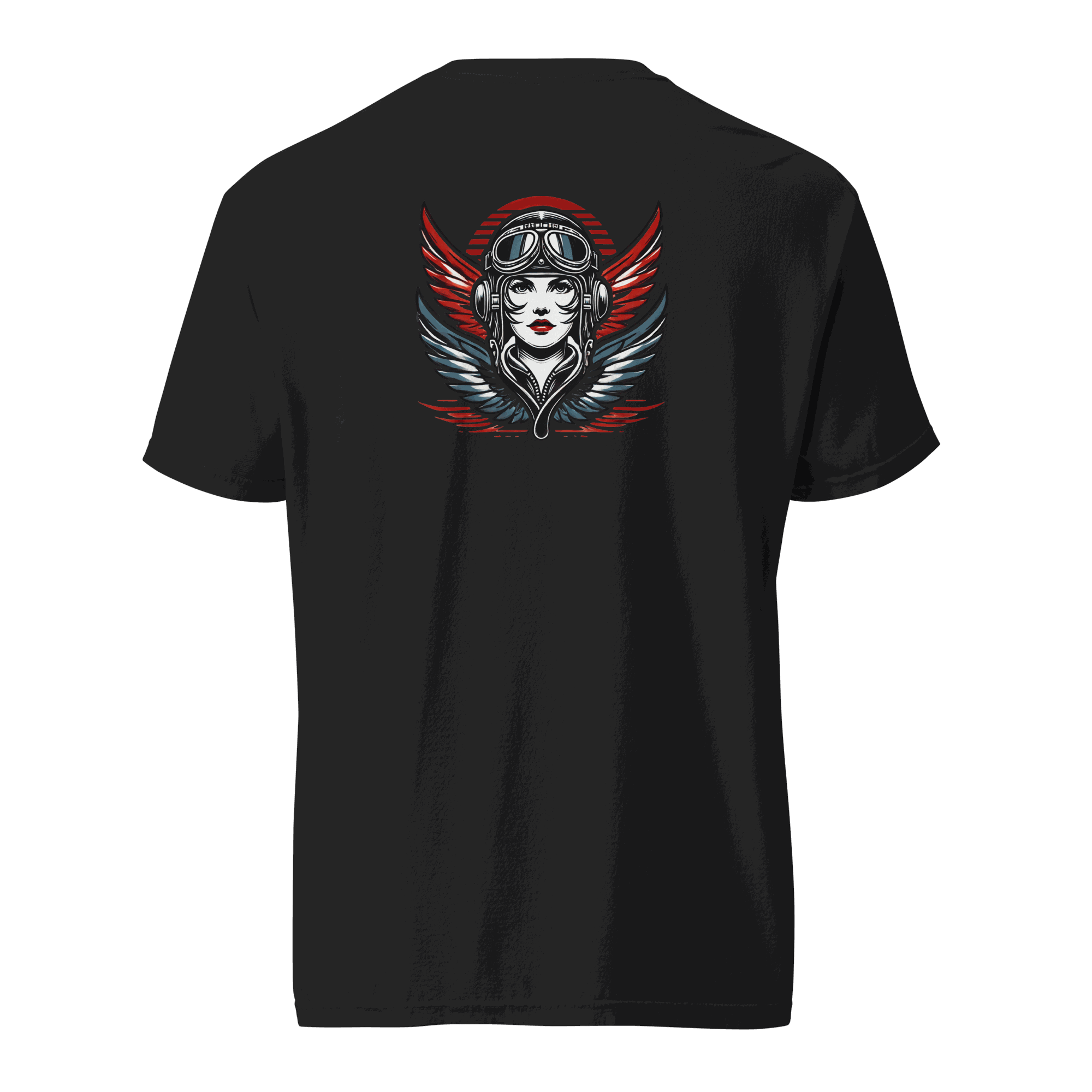 Black unisex t-shirt with female wings helmet graphic on back, made of 100% ring-spun cotton