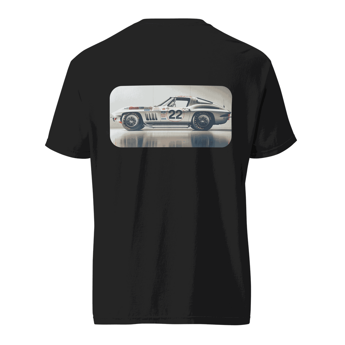 Black Heritage Classic Car t-shirt with vintage race car graphic on back, 100% ring-spun cotton, relaxed fit
