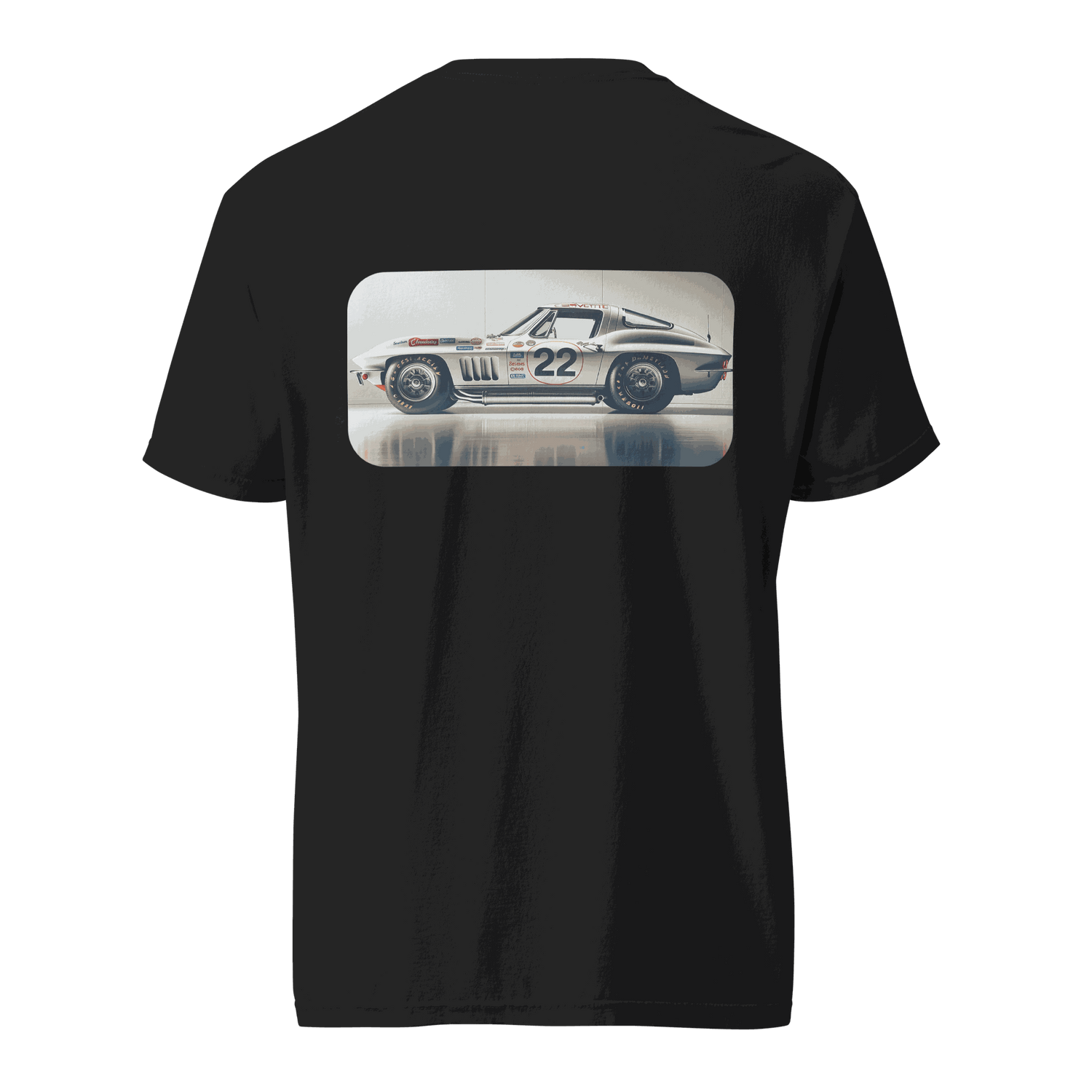 Black Heritage Classic Car t-shirt with vintage race car graphic on back, 100% ring-spun cotton, relaxed fit