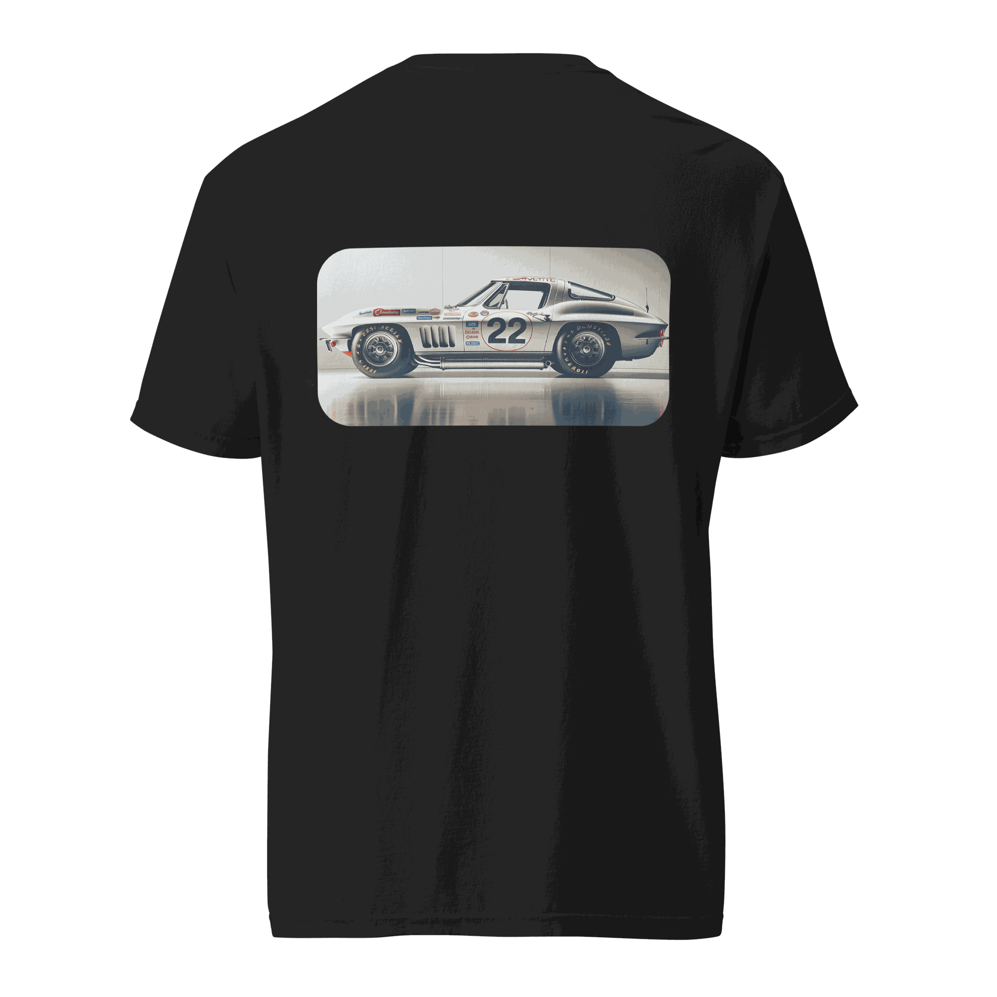 Black Heritage Classic Car t-shirt with vintage race car graphic on back, 100% ring-spun cotton, relaxed fit