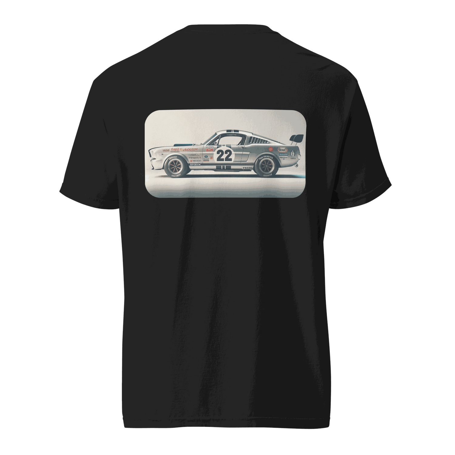Heritage Mustang Back T-shirt in black with vintage race car graphic on the back, made of 100% ring-spun cotton.