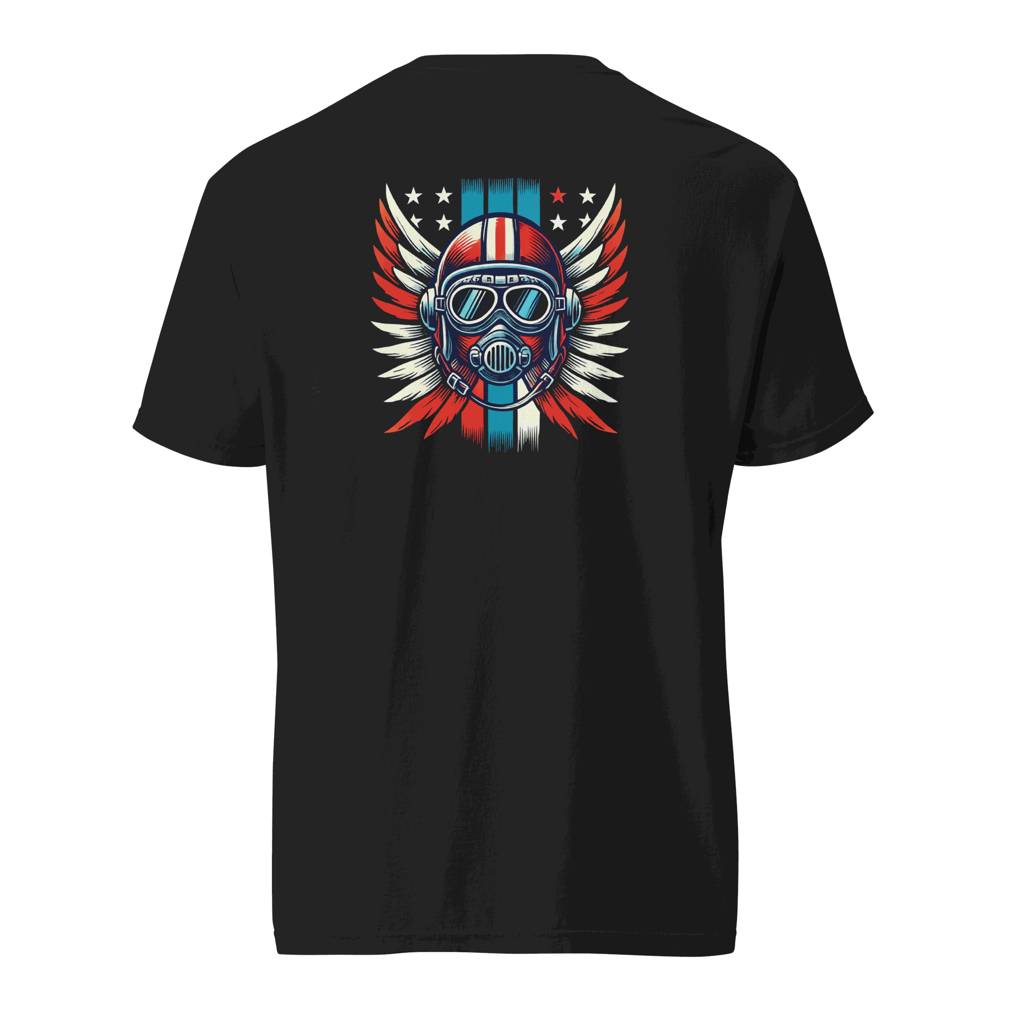 Black t-shirt with red white blue helmet and wings graphic on back, 100% cotton, unisex heavyweight tee
