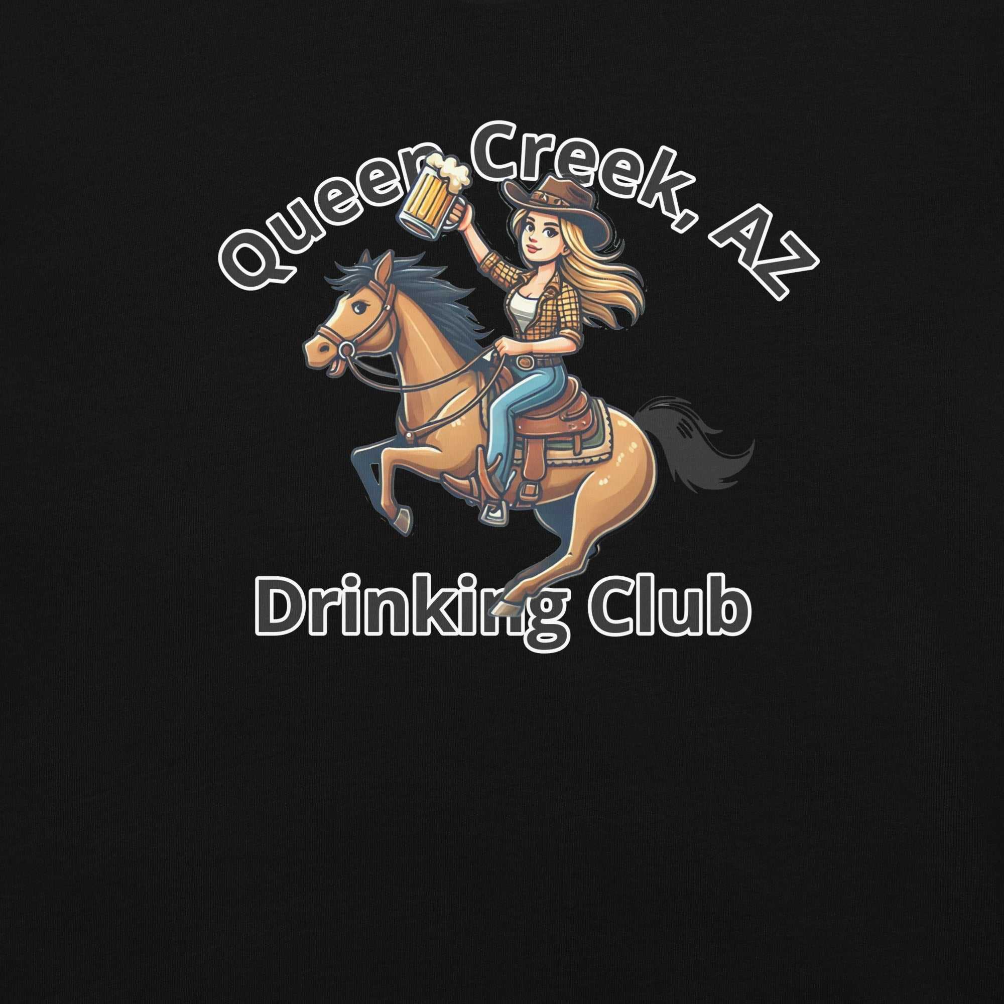 Queen Creek AZ Cowgirl Drinking Club graphic unisex heavyweight t-shirt in black with cartoon cowgirl on horse holding beer mug
