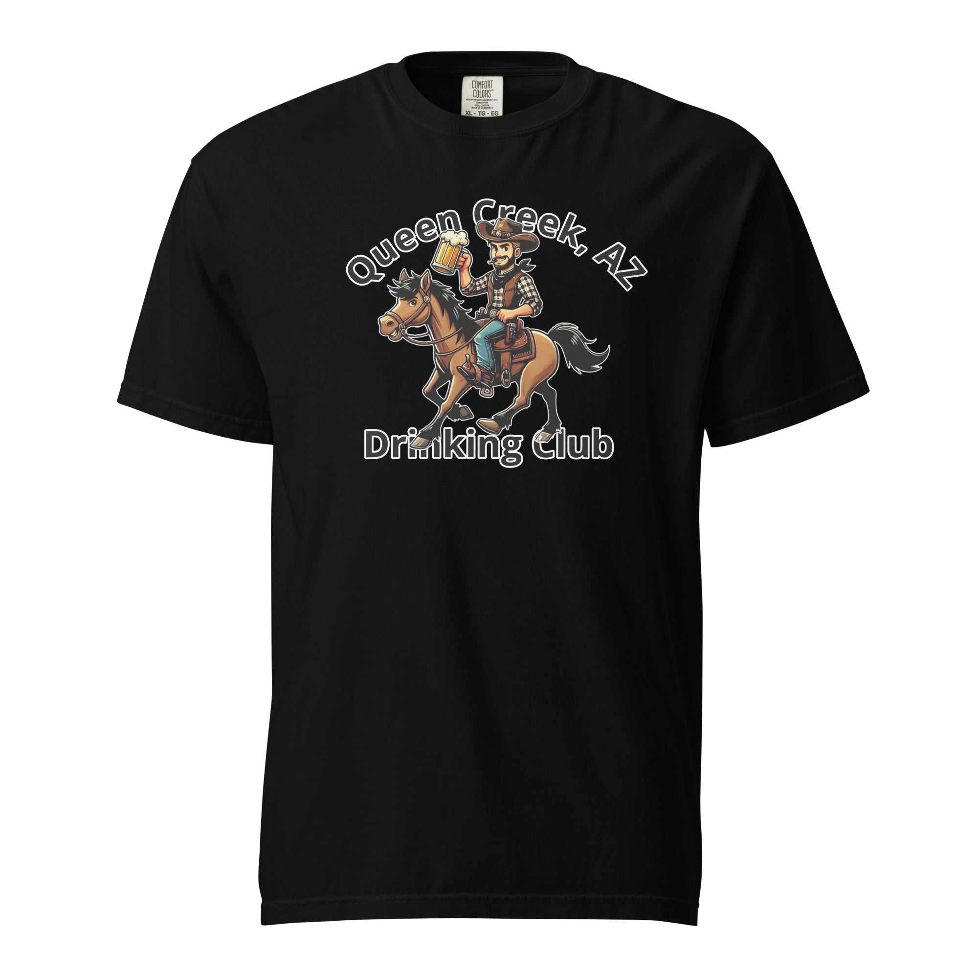 Queen Creek AZ Cowboy Drinking Club black heavyweight unisex t-shirt with cowboy on horse graphic