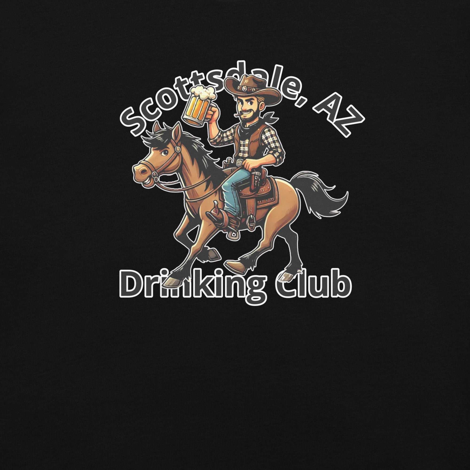 Scottsdale Cowboy Horse Beer design on unisex heavyweight black t-shirt with cowboy riding horse holding beer mug