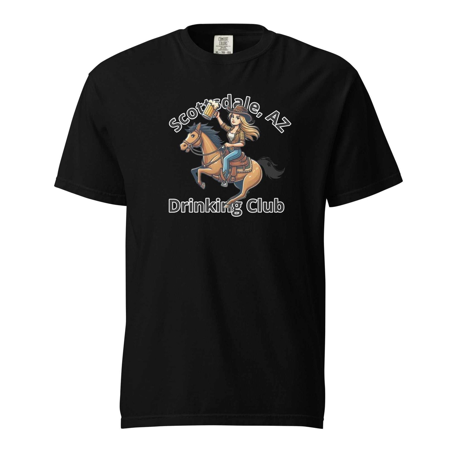 Black Scottsdale Cowgirl Horse Beer unisex heavyweight cotton t-shirt with graphic of cowgirl riding horse holding beer mug