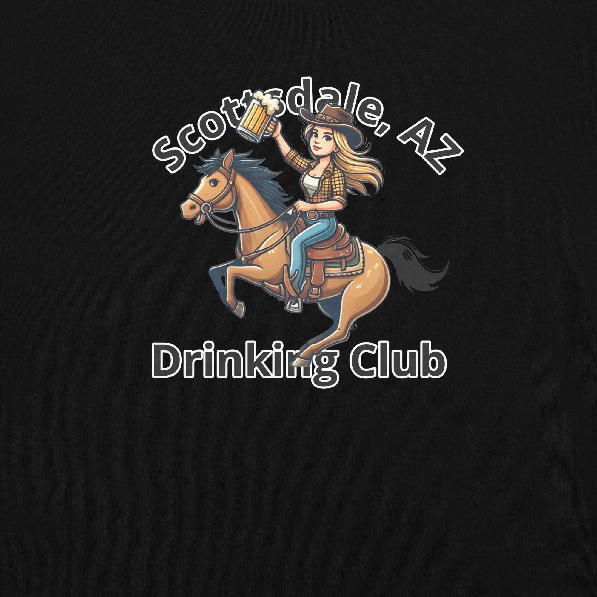 Scottsdale Cowgirl Horse Beer unisex heavyweight t-shirt with cowgirl on horse holding beer design