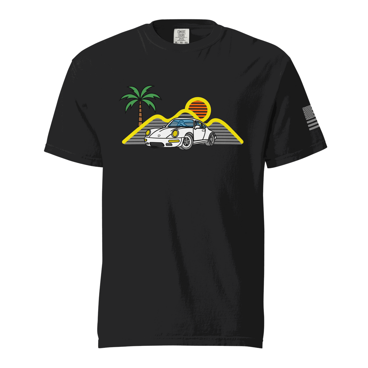 Sport car t-shirt with retro sunset and sports car silhouette design for car lovers