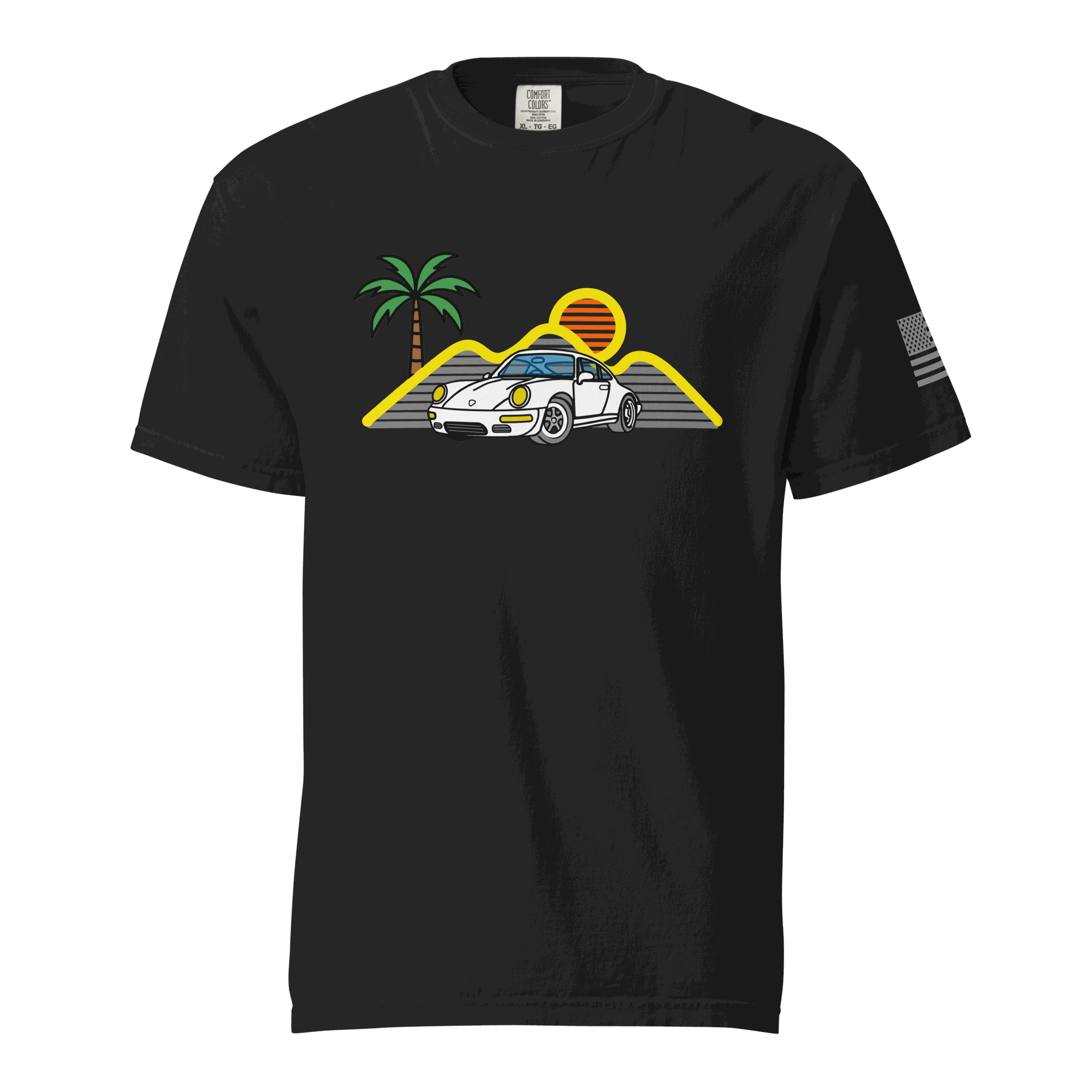 Black Sport Car T-Shirt with retro sunset, palm tree, and white sports car graphic design