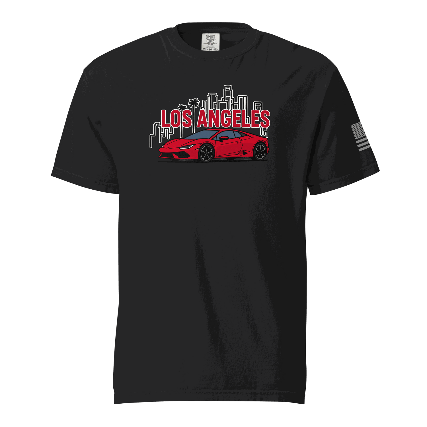 Black Los Angeles Tee with red supercar and city skyline graphic on front