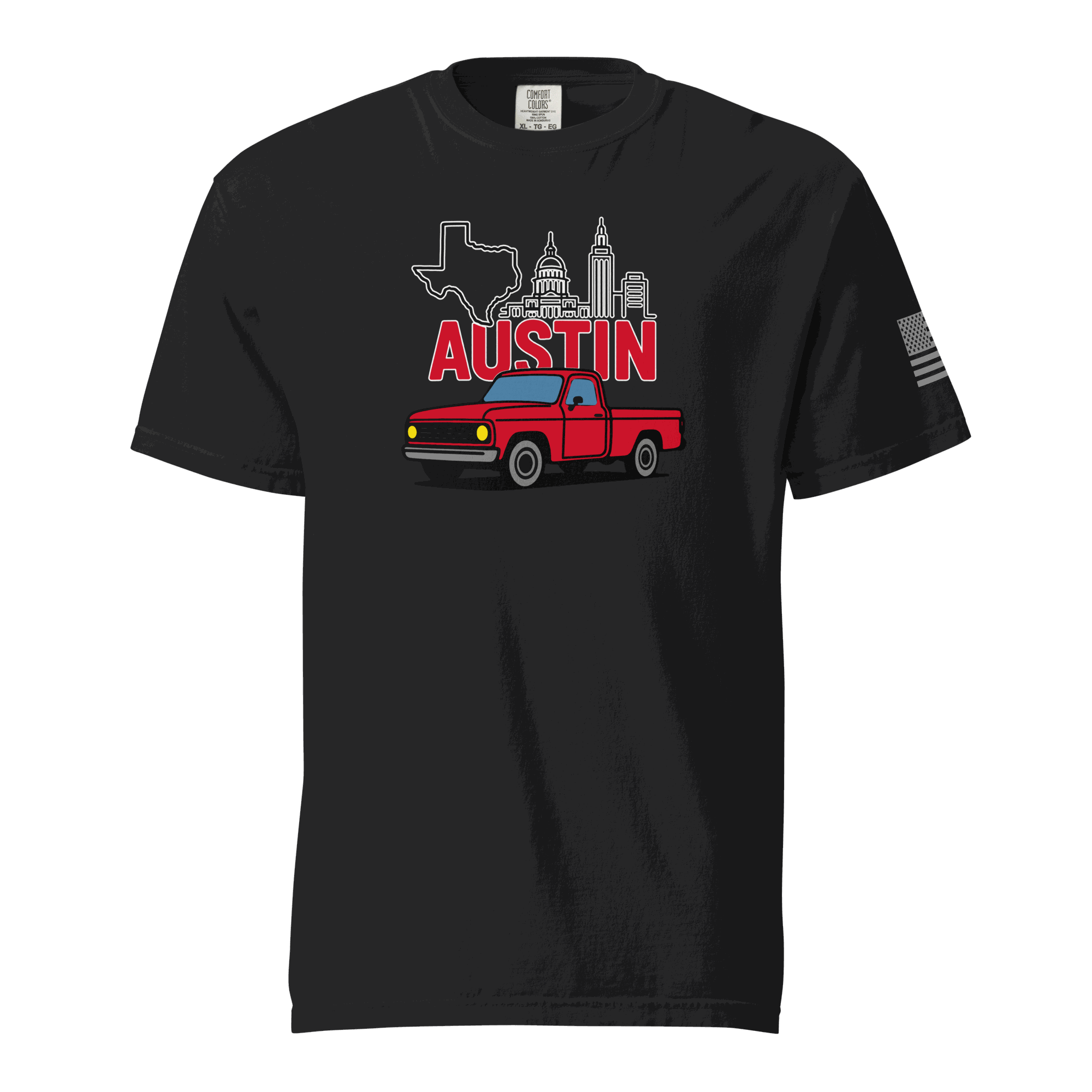 Black Austin Texas t shirts with retro truck and skyline graphic and Keep Austin Weird design