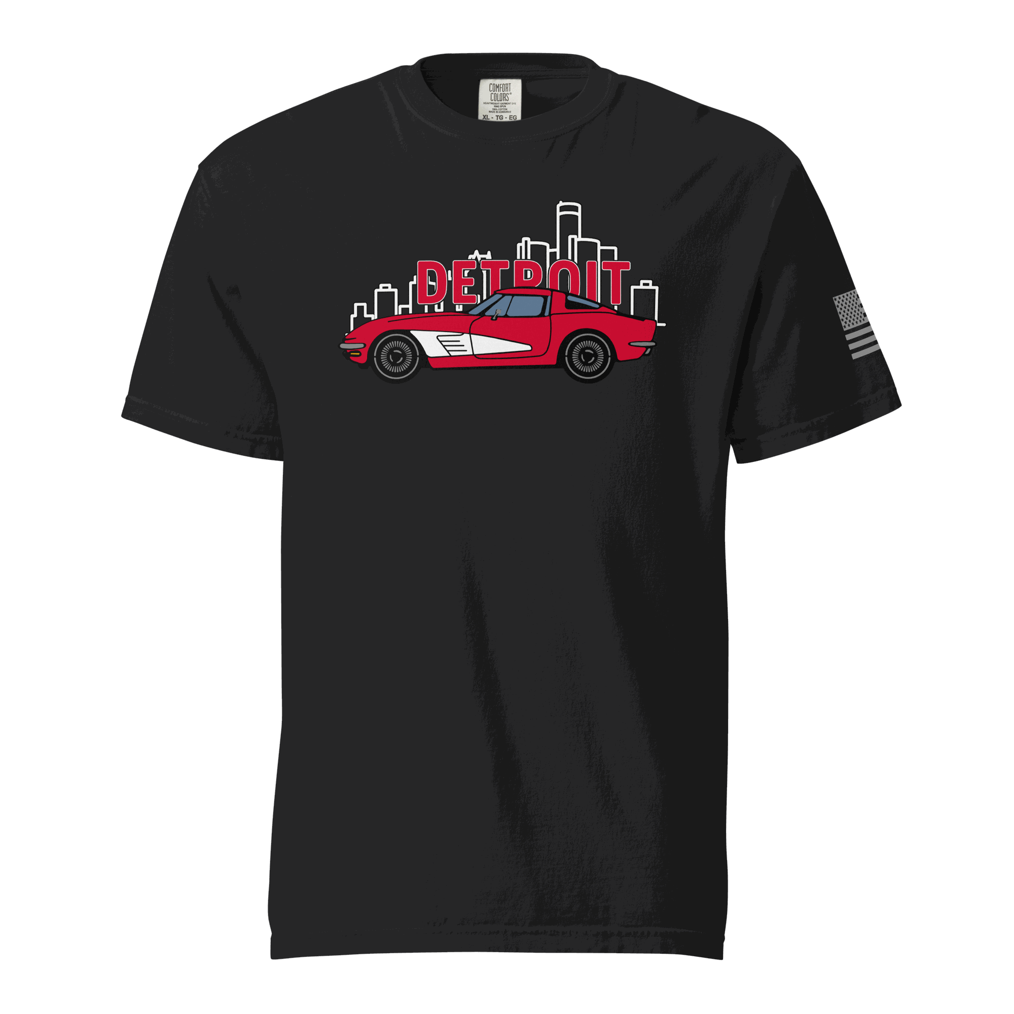 Black Detroit Corvette T-shirt with red classic sports car and Detroit skyline graphic