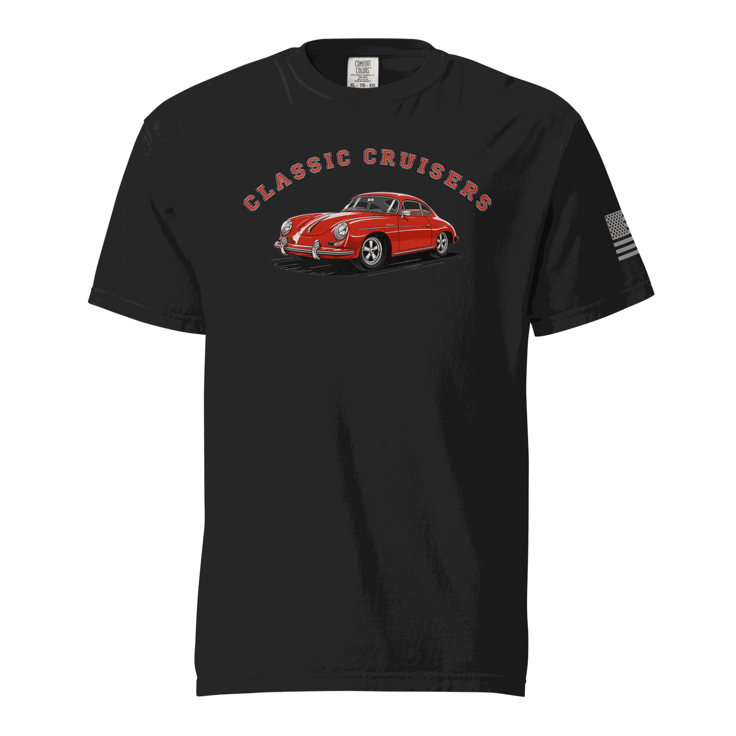 Black Varsity Sports Car t-shirt with red classic cruiser car graphic on front and American flag on sleeve, made of heavyweight cotton